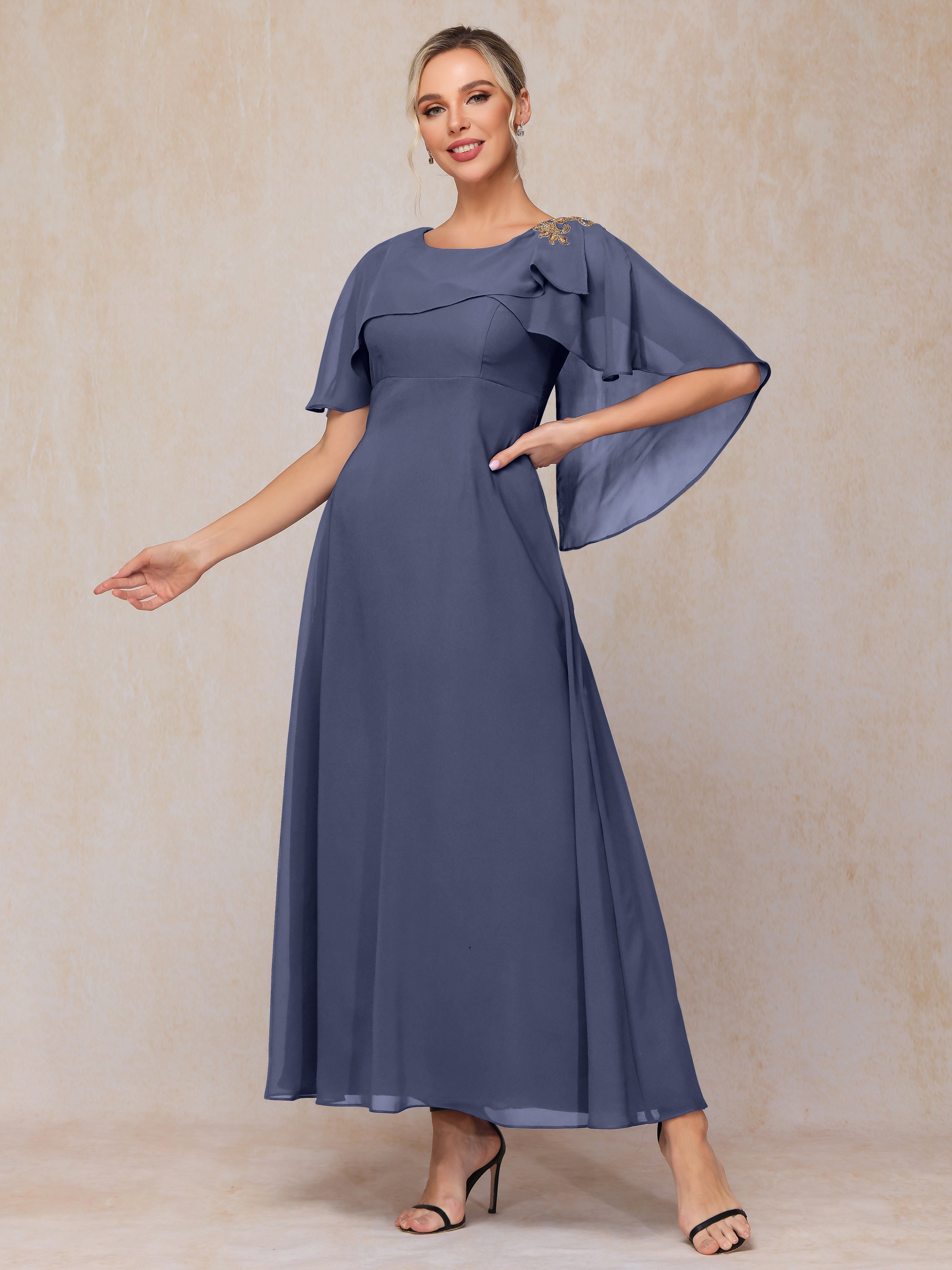 Formal Short Sleeves Ankle Length Chiffon Wedding Guest Dresses