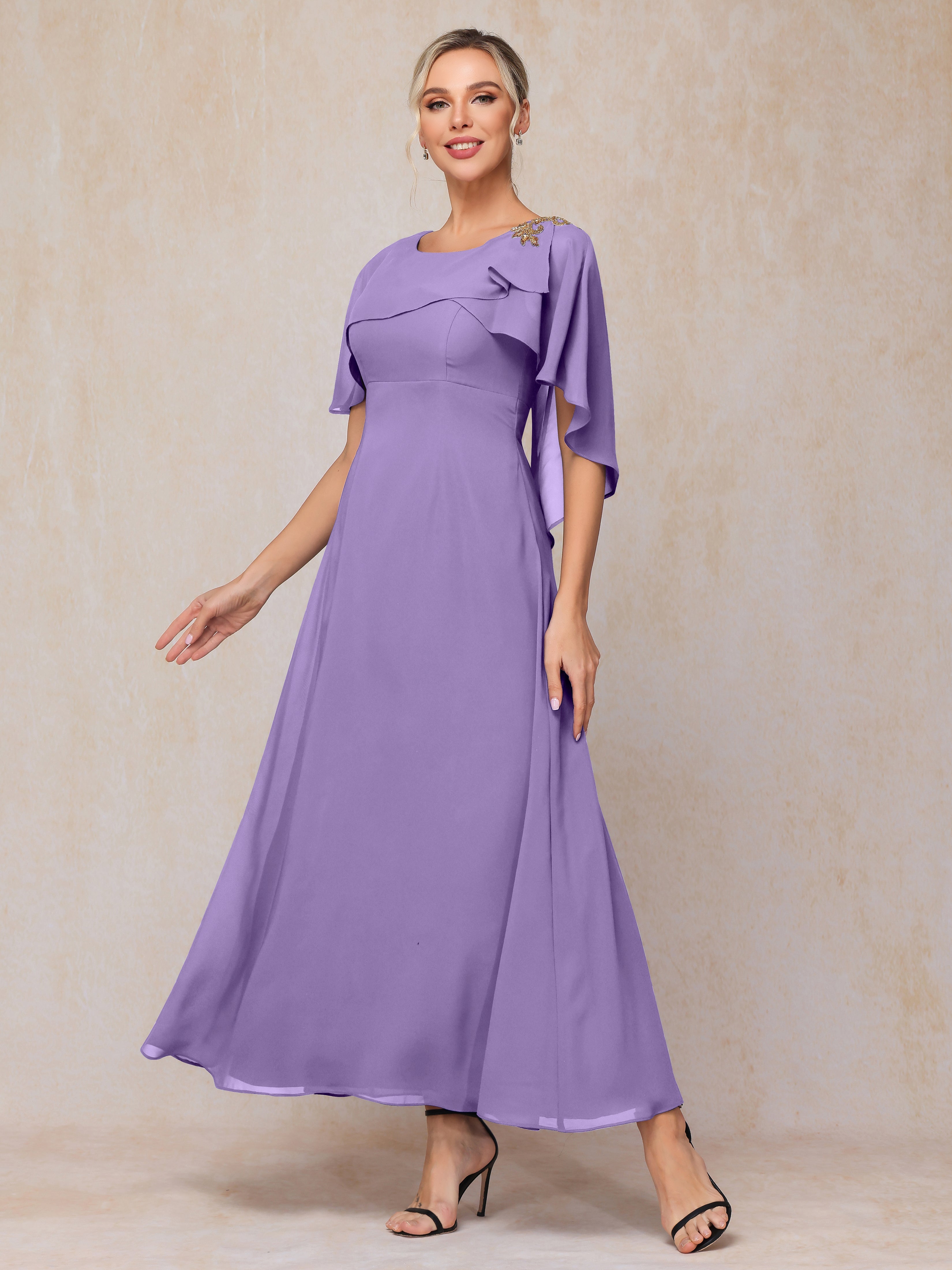 Formal Short Sleeves Ankle Length Chiffon Wedding Guest Dresses