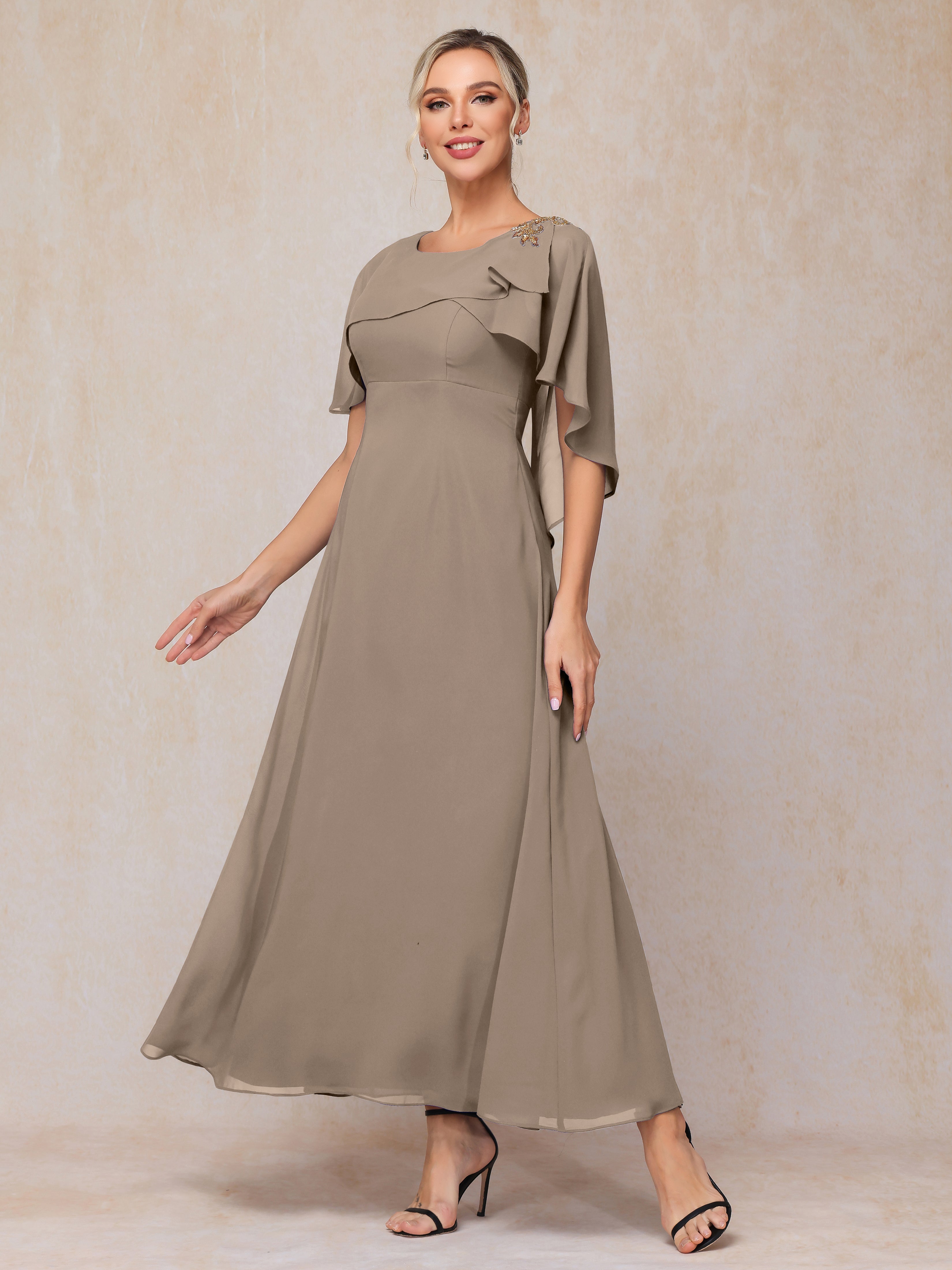 Formal Short Sleeves Ankle Length Chiffon Wedding Guest Dresses