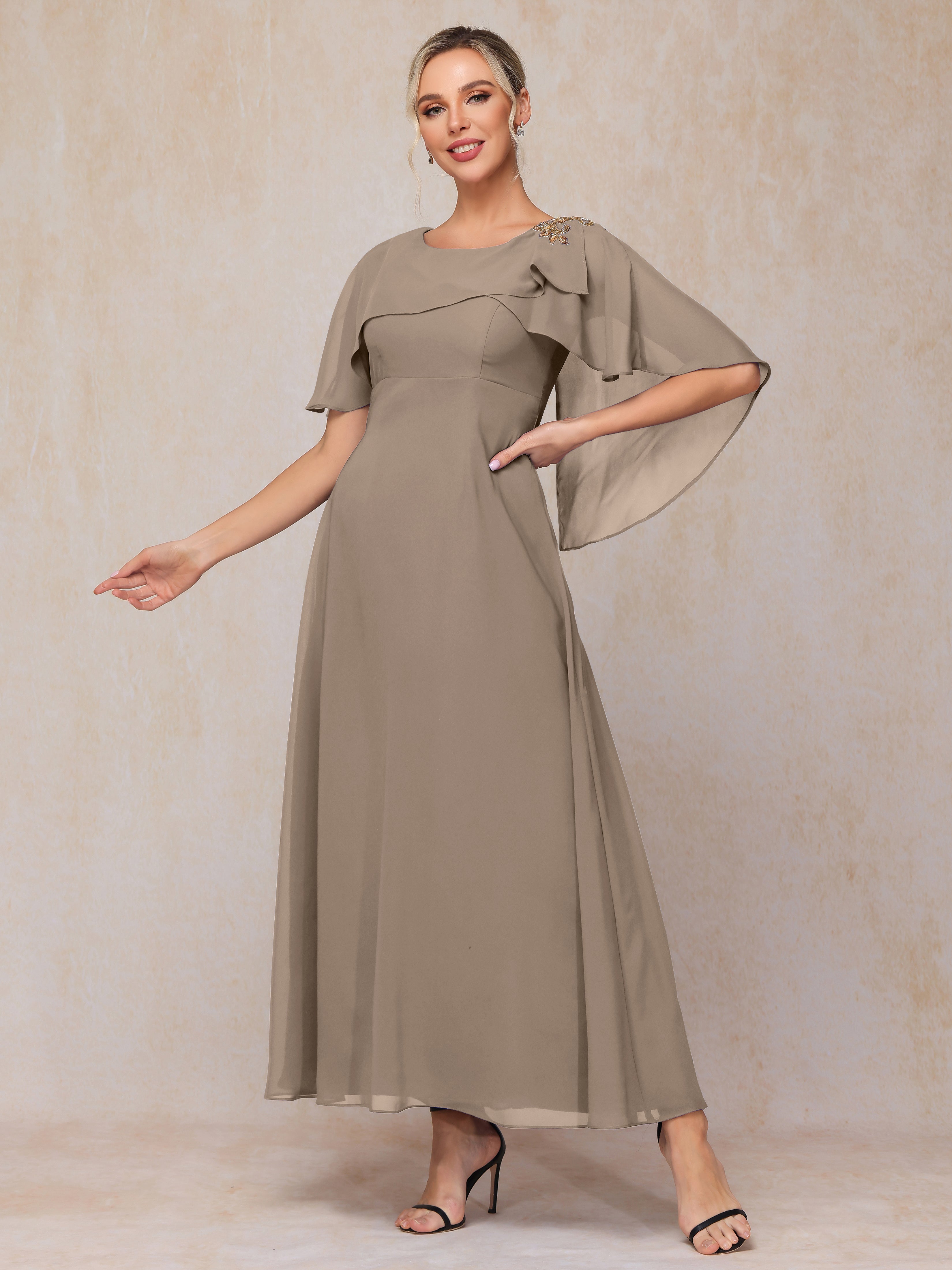 Formal Short Sleeves Ankle Length Chiffon Wedding Guest Dresses