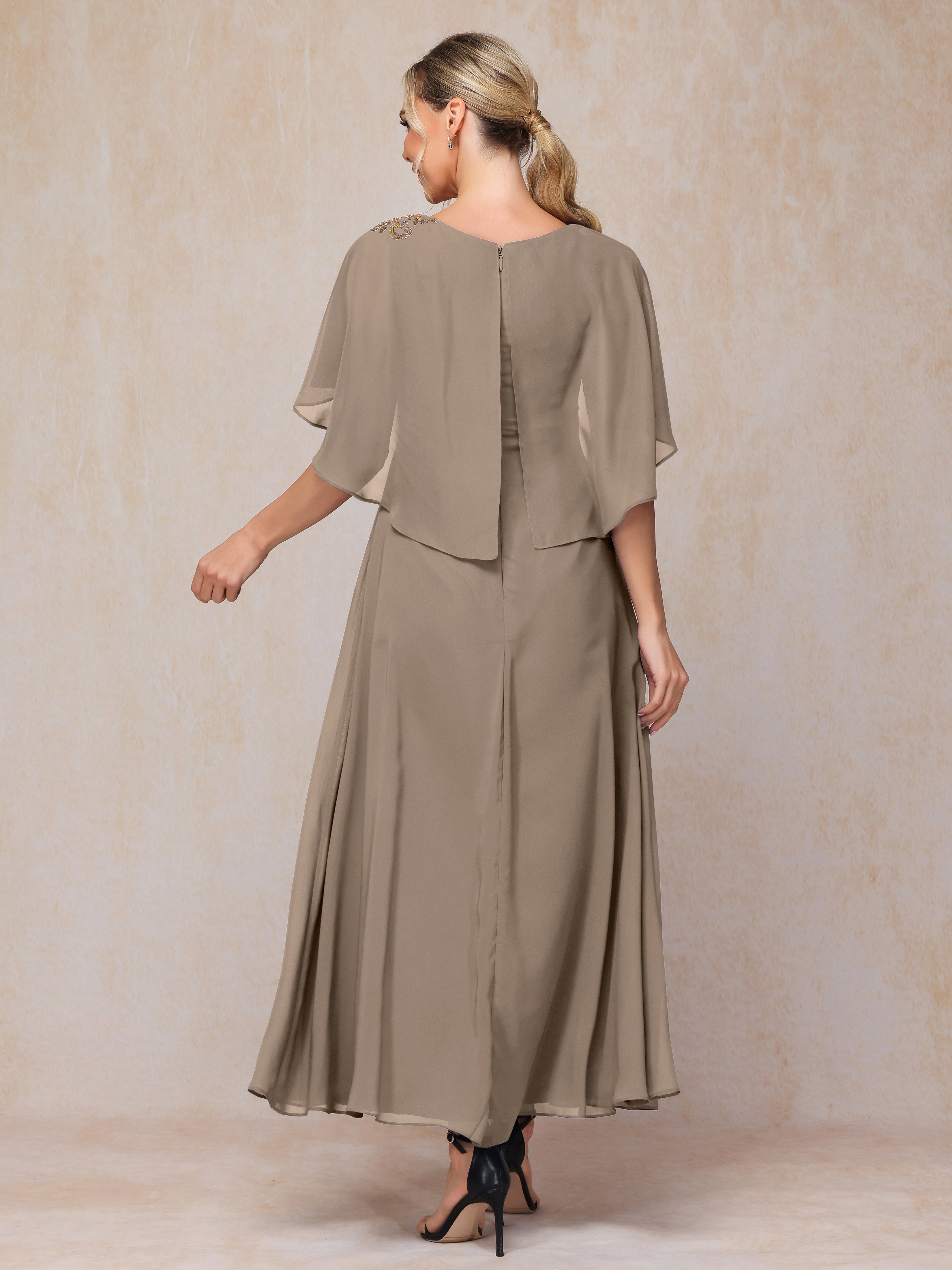 Formal Short Sleeves Ankle Length Chiffon Wedding Guest Dresses