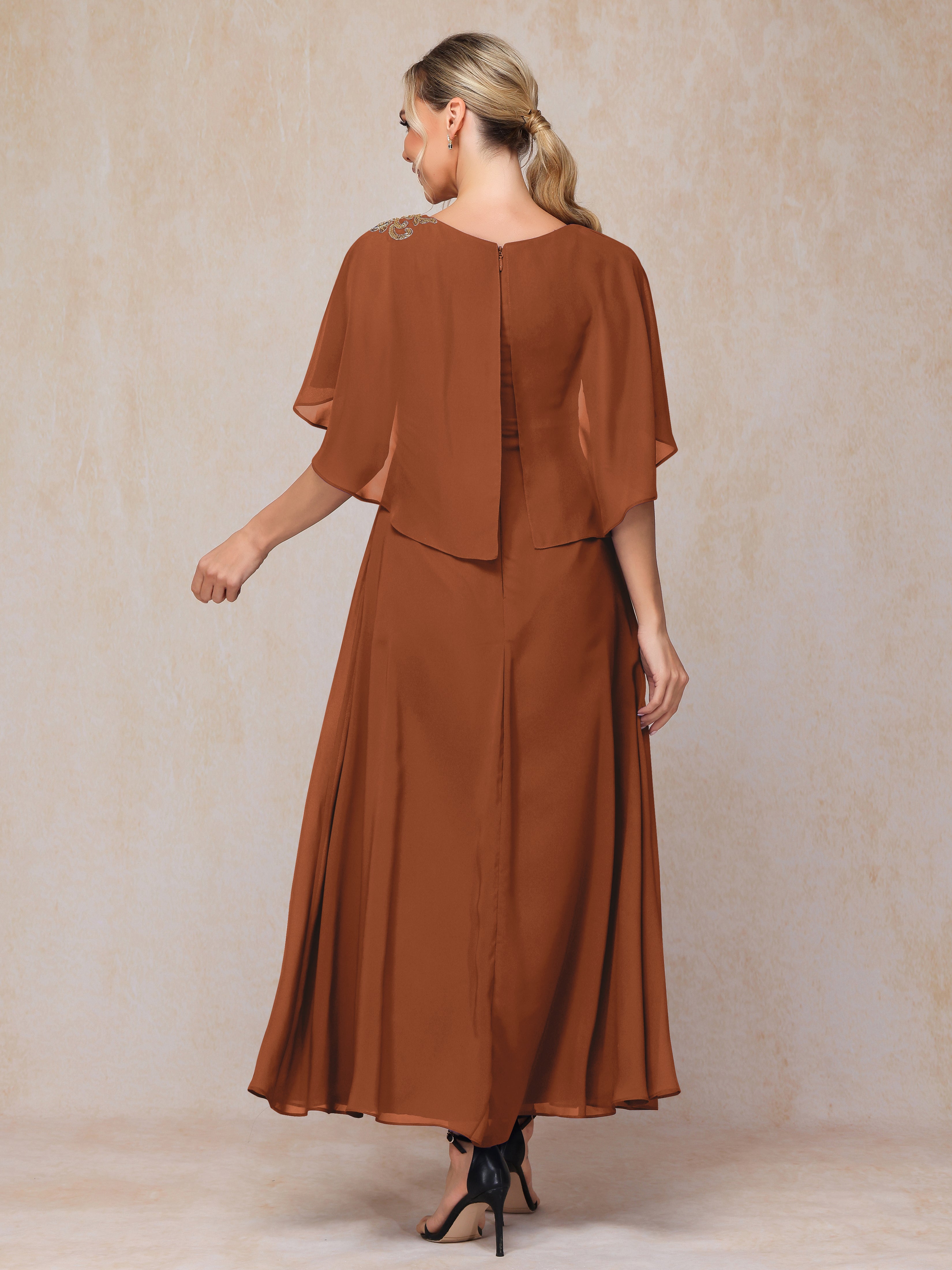 Formal Short Sleeves Ankle Length Chiffon Wedding Guest Dresses