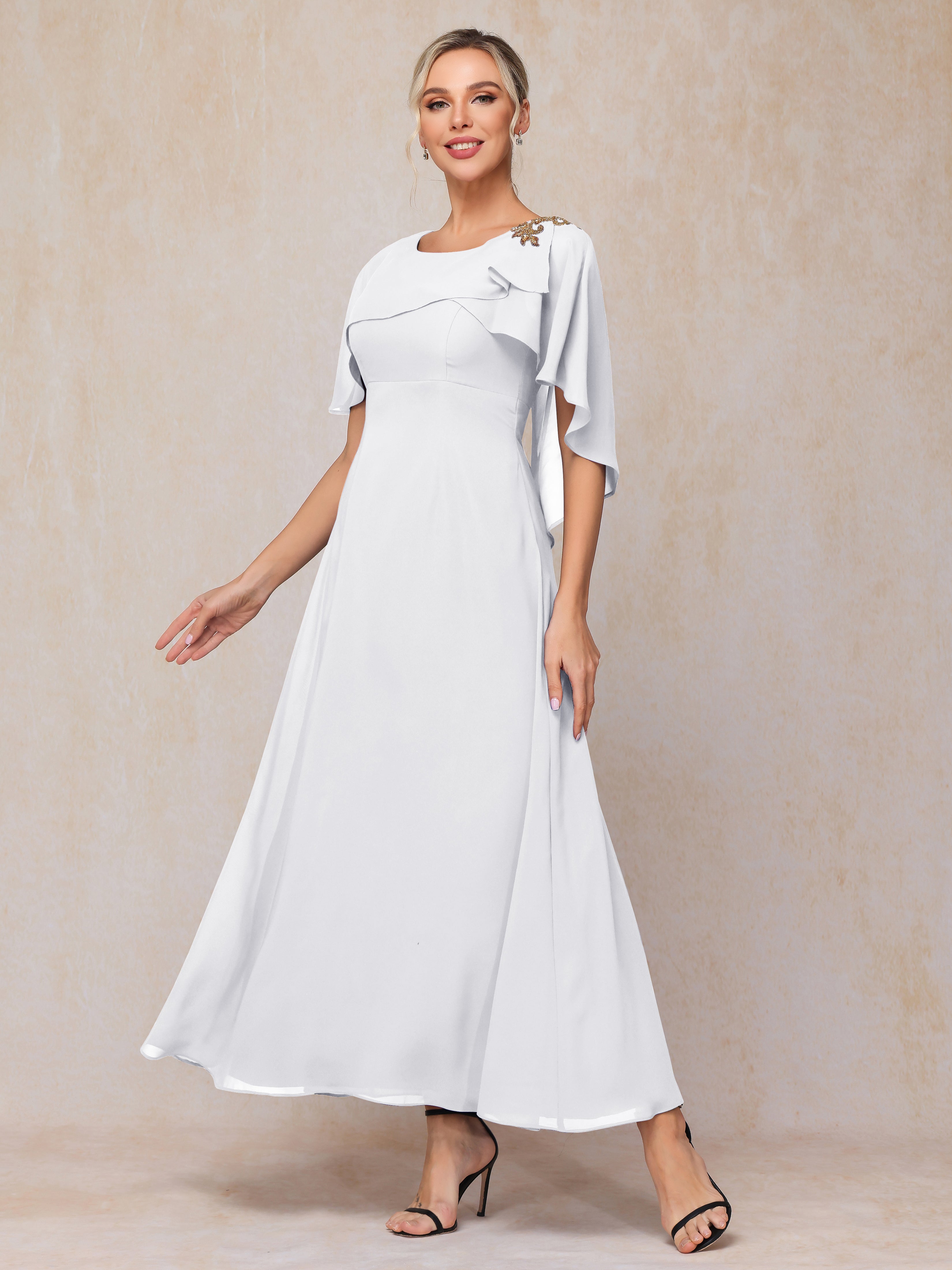 Formal Short Sleeves Ankle Length Chiffon Wedding Guest Dresses