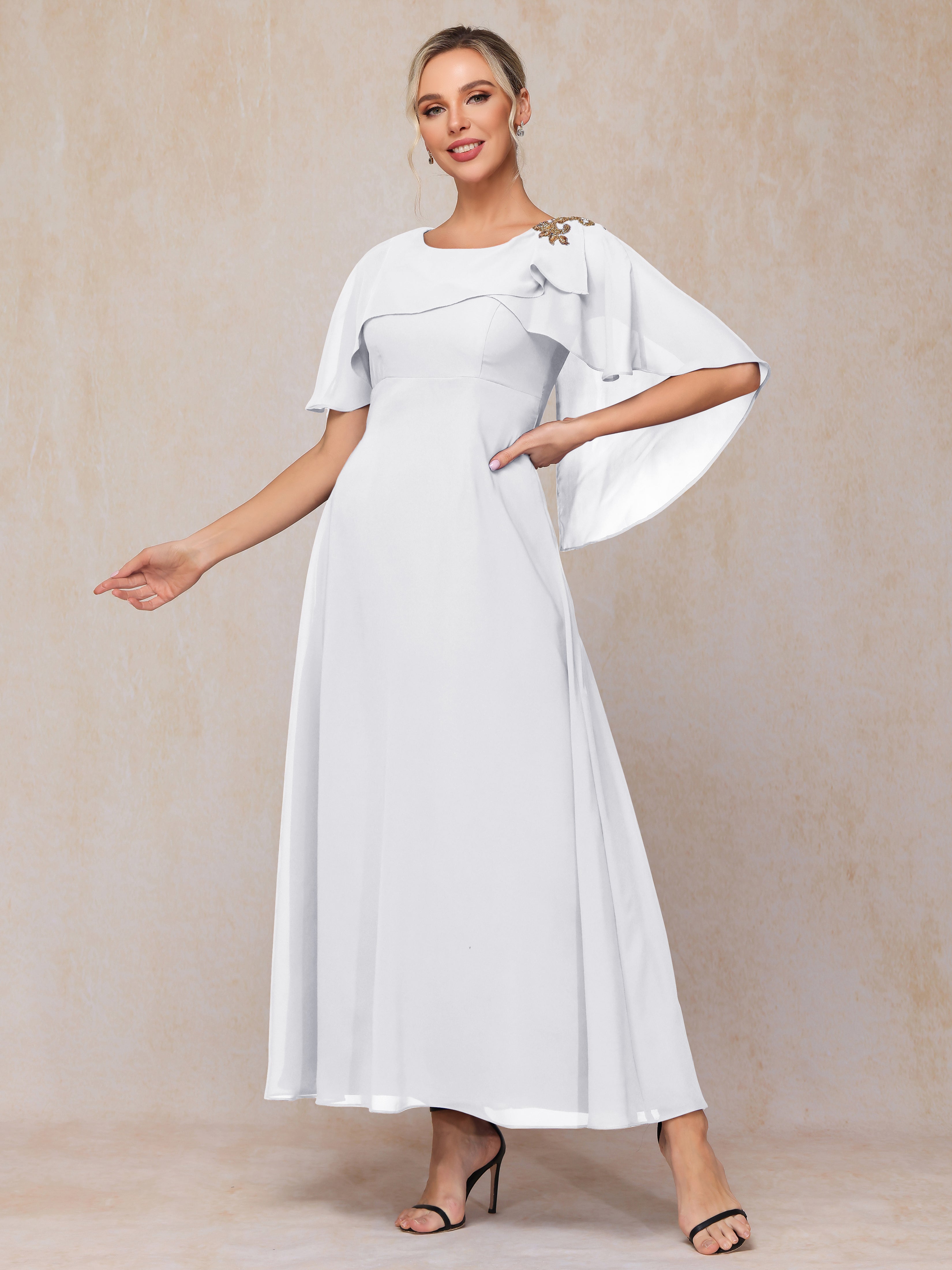 Formal Short Sleeves Ankle Length Chiffon Wedding Guest Dresses