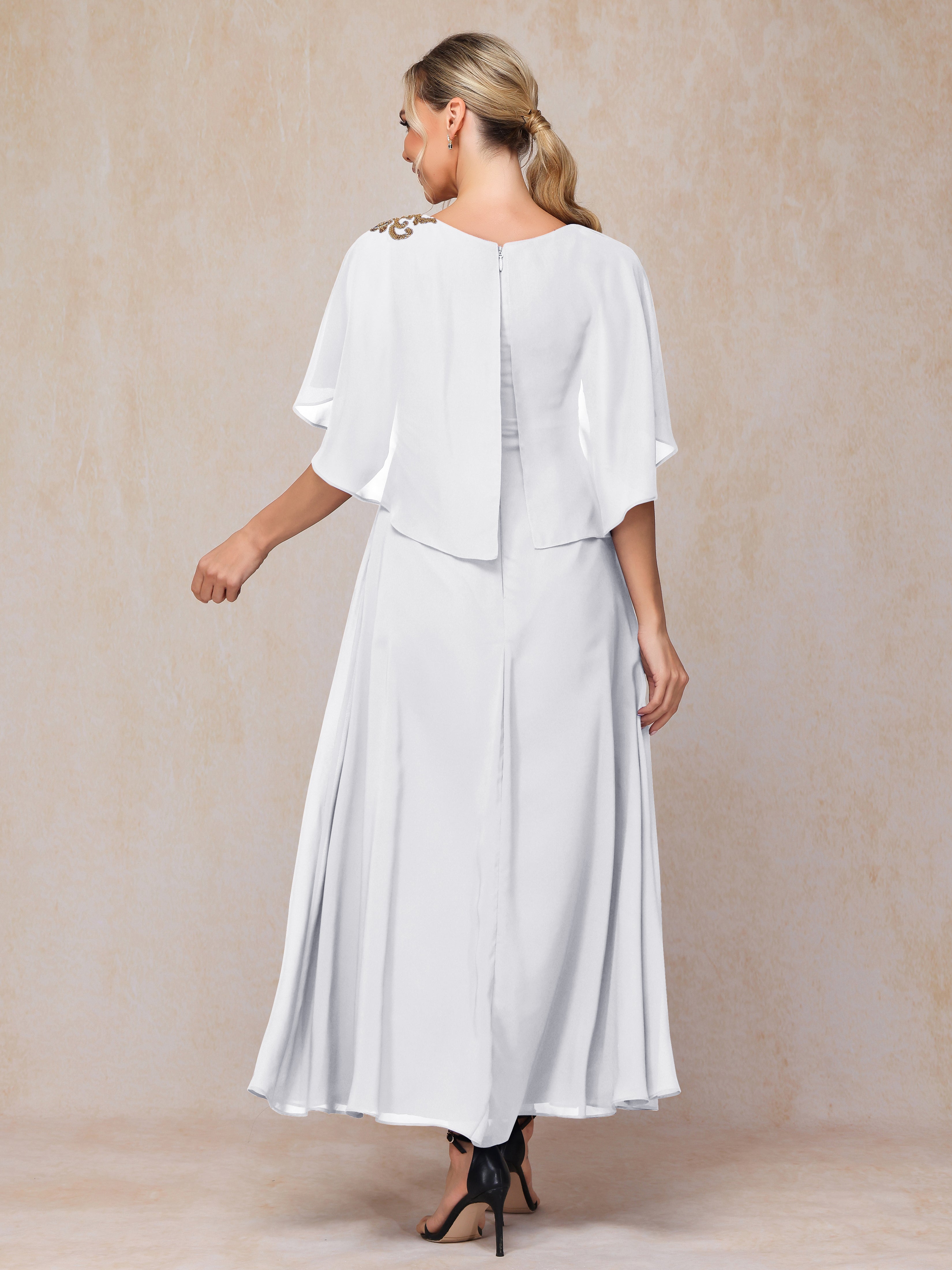 Formal Short Sleeves Ankle Length Chiffon Wedding Guest Dresses