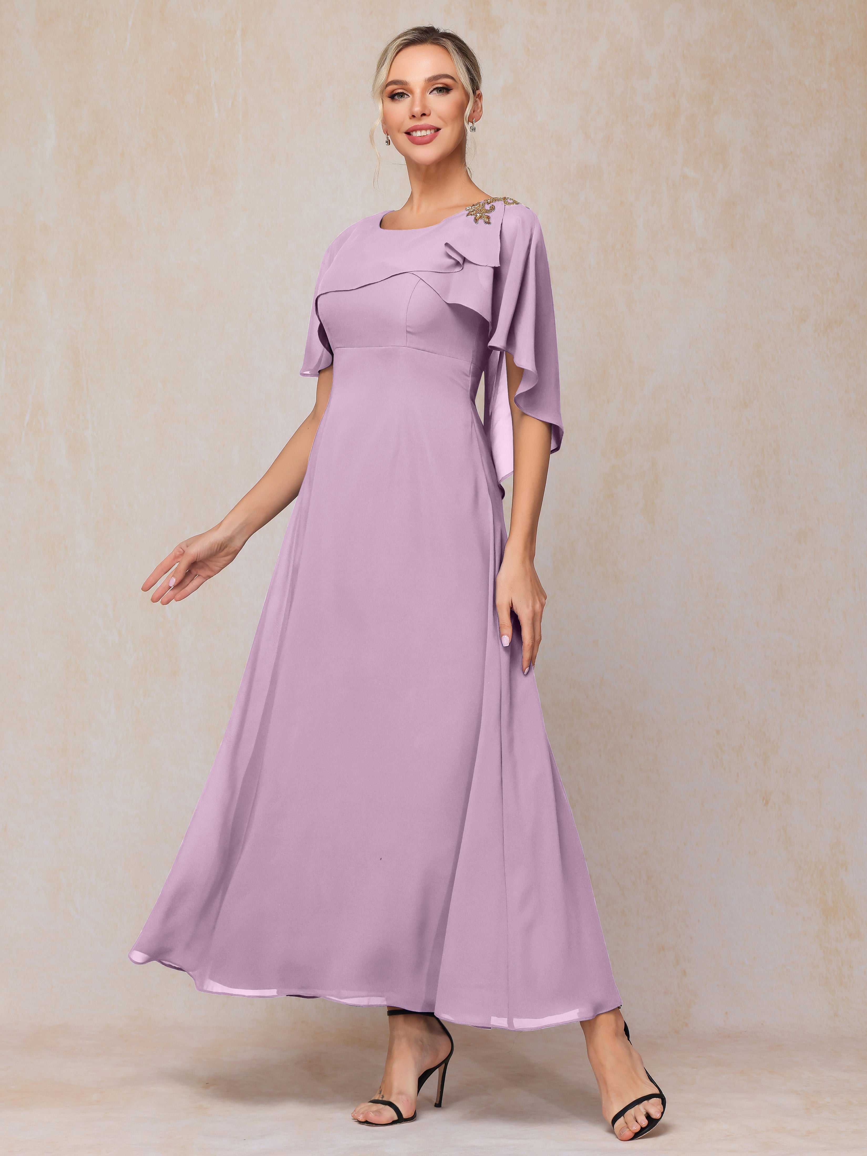 Formal Short Sleeves Ankle Length Chiffon Wedding Guest Dresses