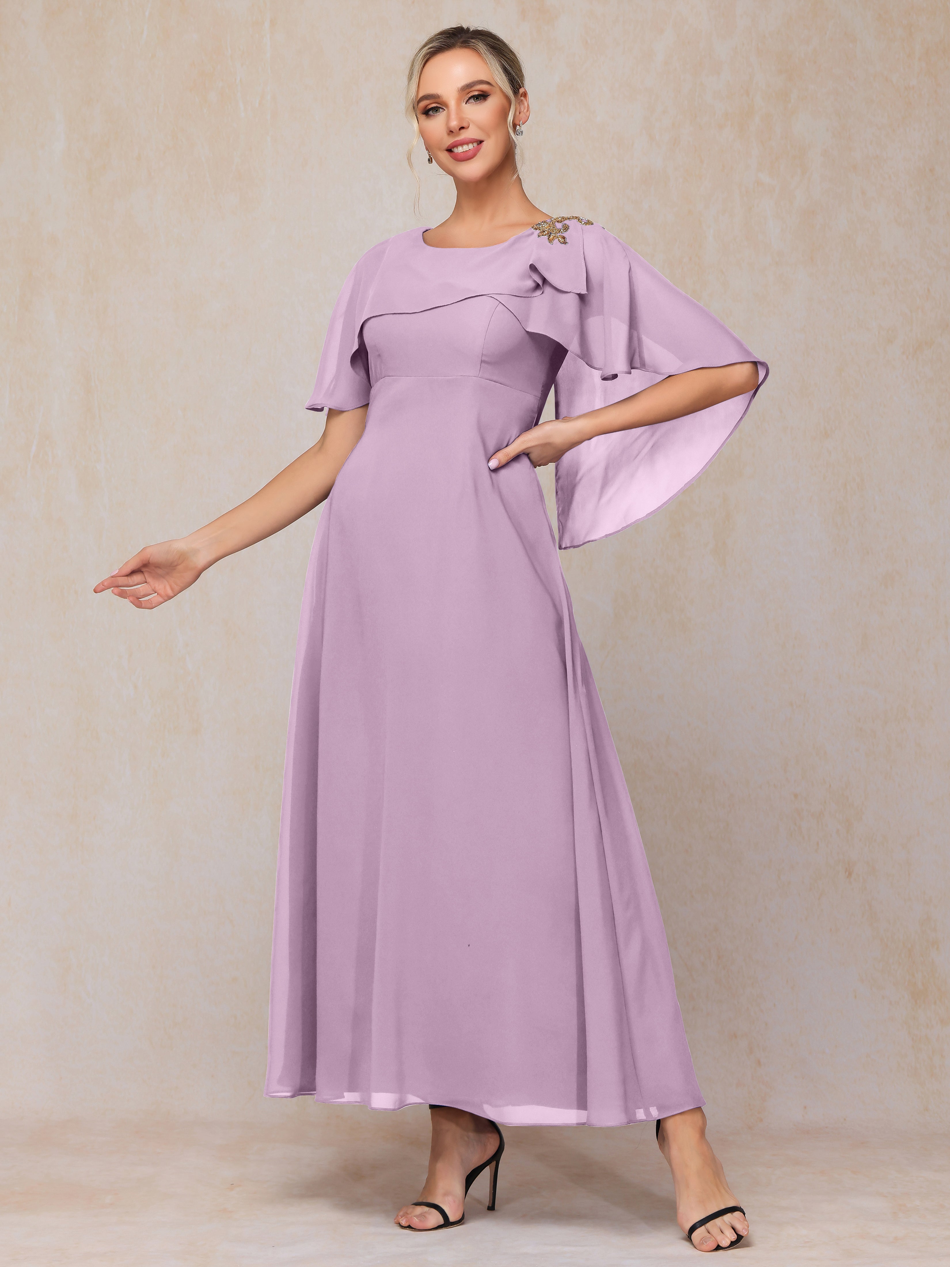 Formal Short Sleeves Ankle Length Chiffon Wedding Guest Dresses