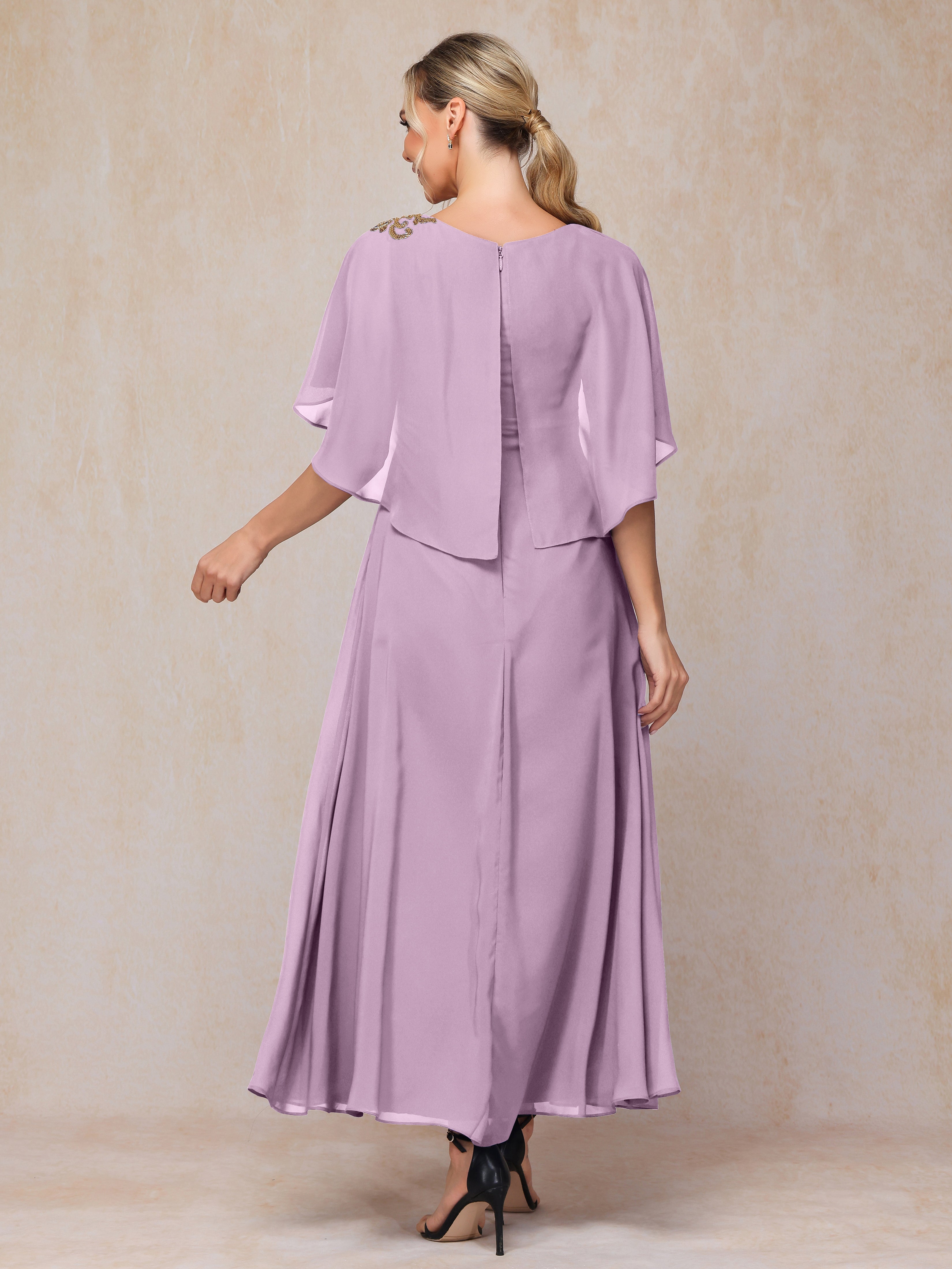 Formal Short Sleeves Ankle Length Chiffon Wedding Guest Dresses