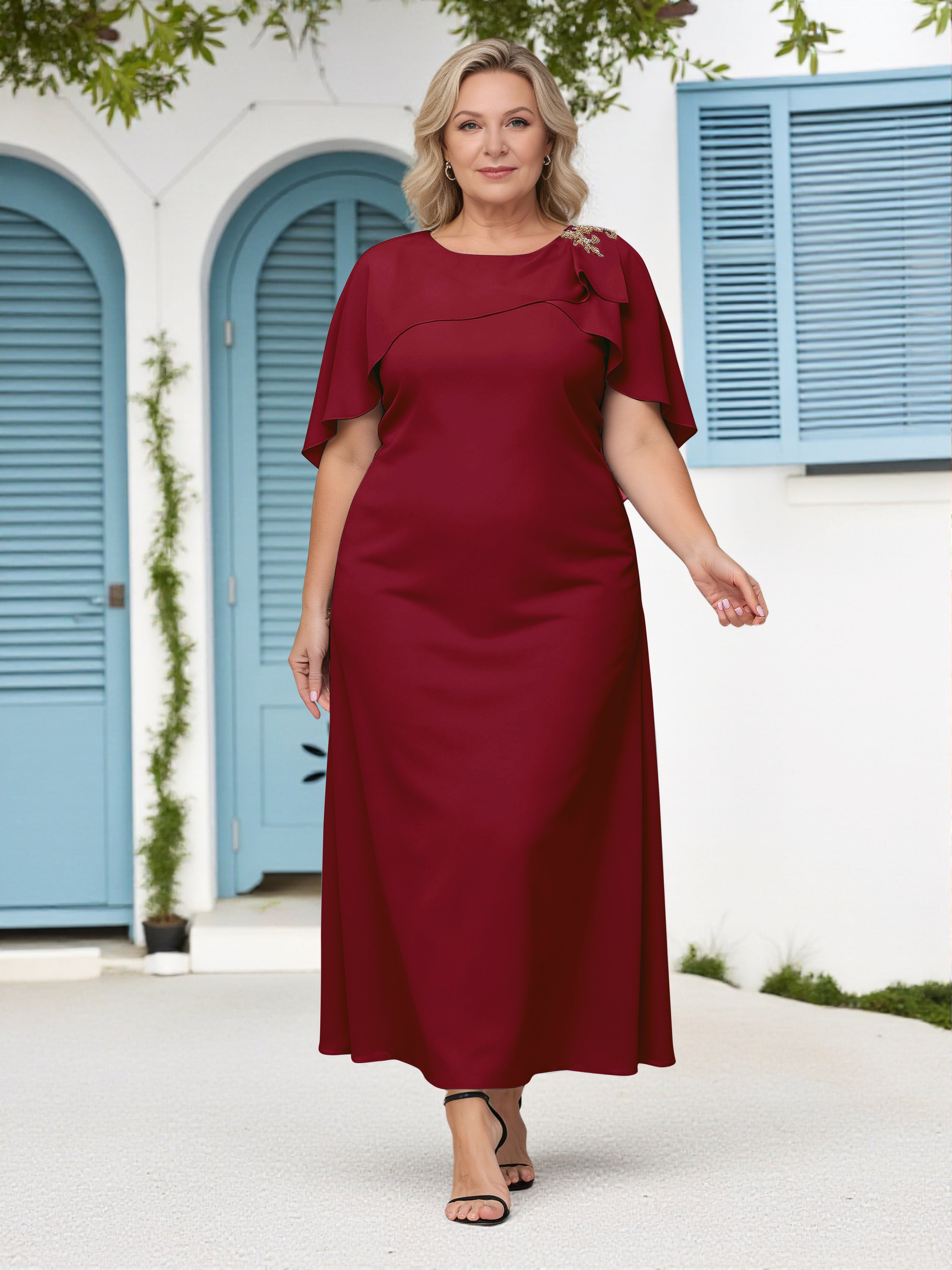 plus size burgundy mother of the bride dress Cicinia Chiffon Long Ankle Length Appliques Lace the design transitions smoothly DROP1 skims dress Color:Red/Fuchsia