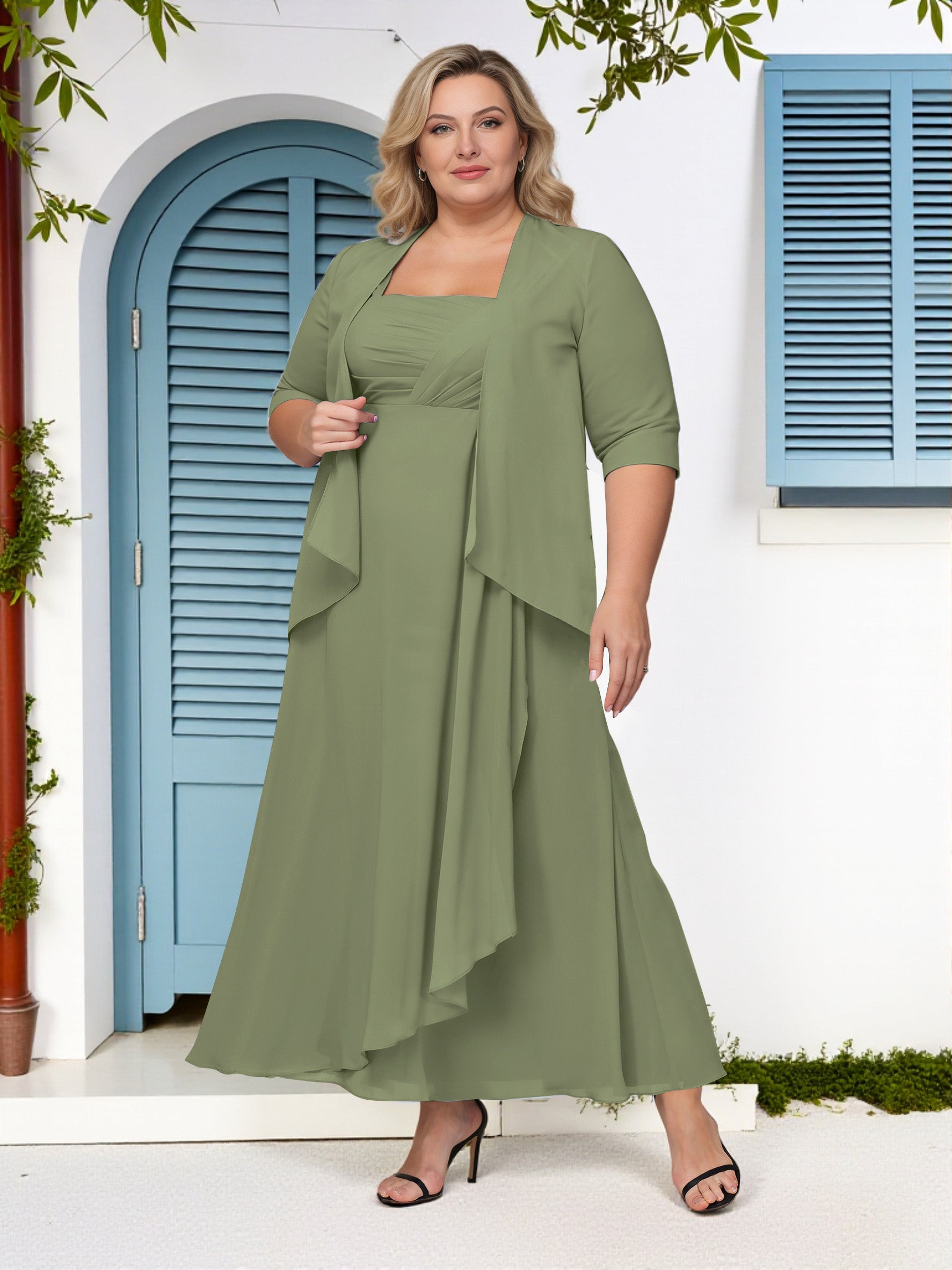 Cicinia Olive Green Plus Size Mother Of The Bride Dress With Jacket Long Chiffon A-line Ankle Length 2 Pieces