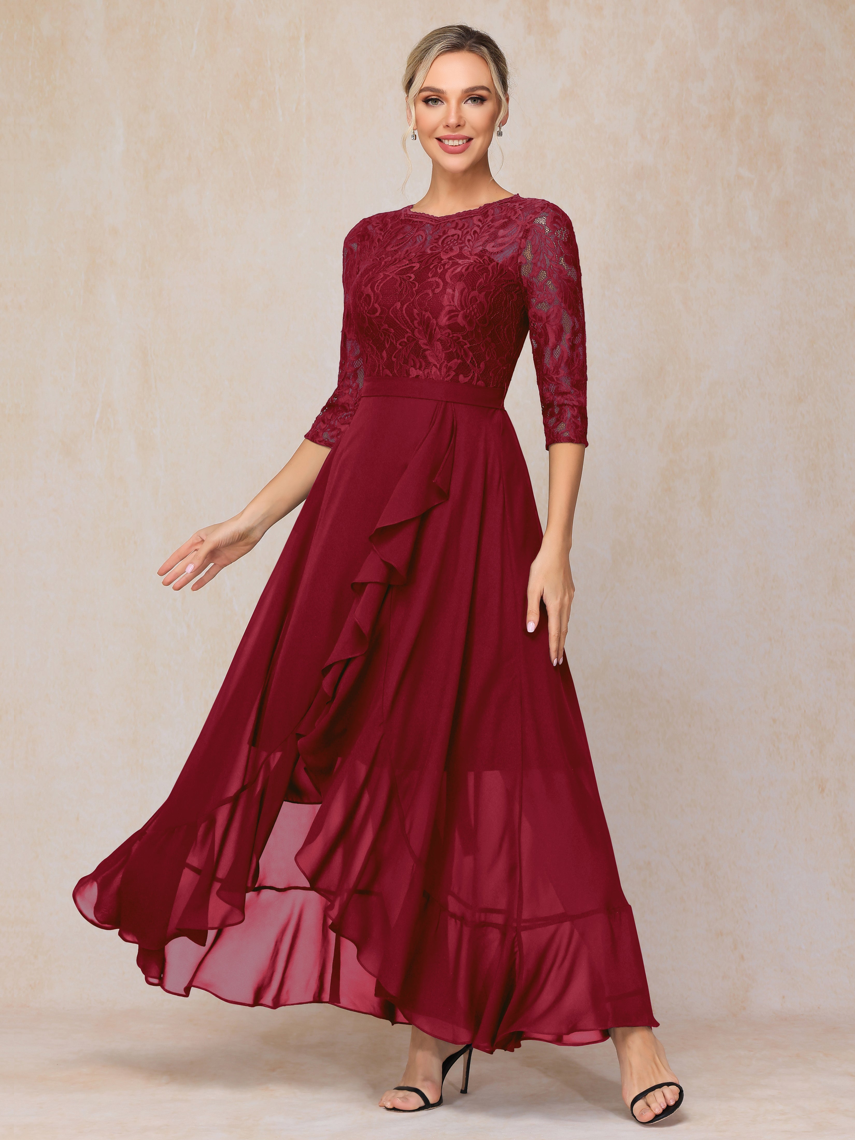 Ankle Length Short Sleeves Chiffon Lace Mother Of The Groom Dress
