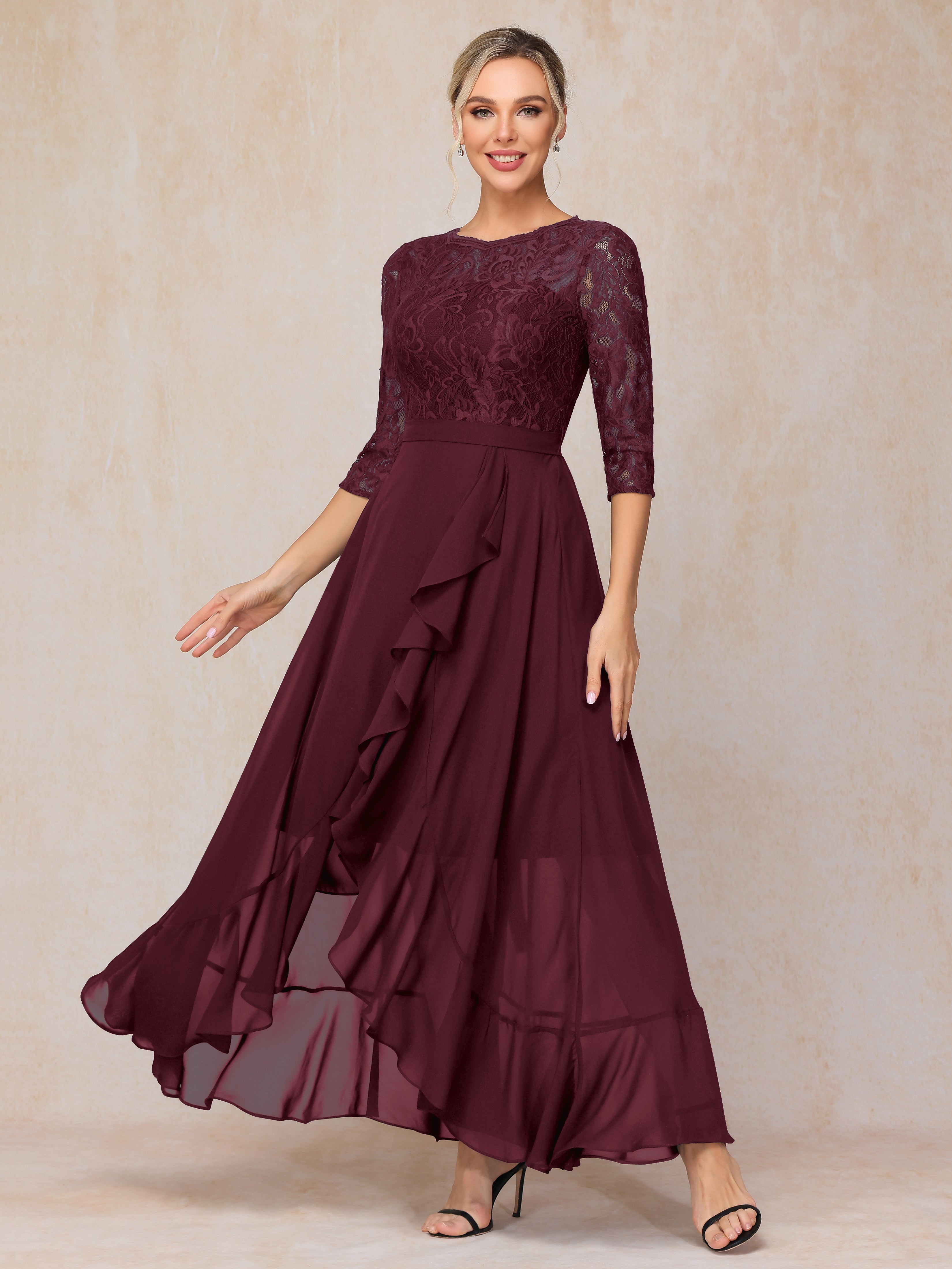 Ankle Length Short Sleeves Chiffon Lace Mother Of The Groom Dress