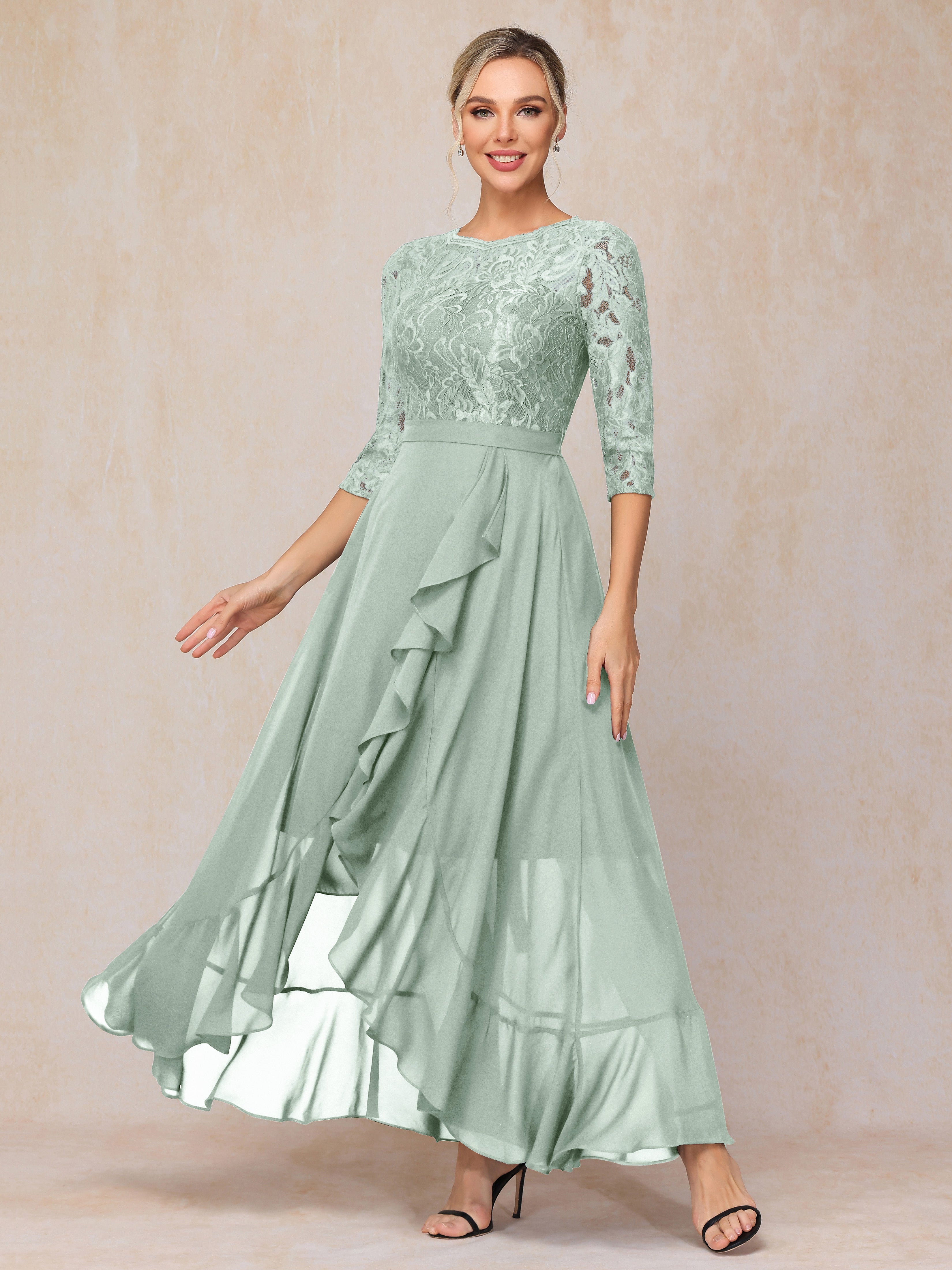 Ankle Length Short Sleeves Chiffon Lace Mother Of The Groom Dress