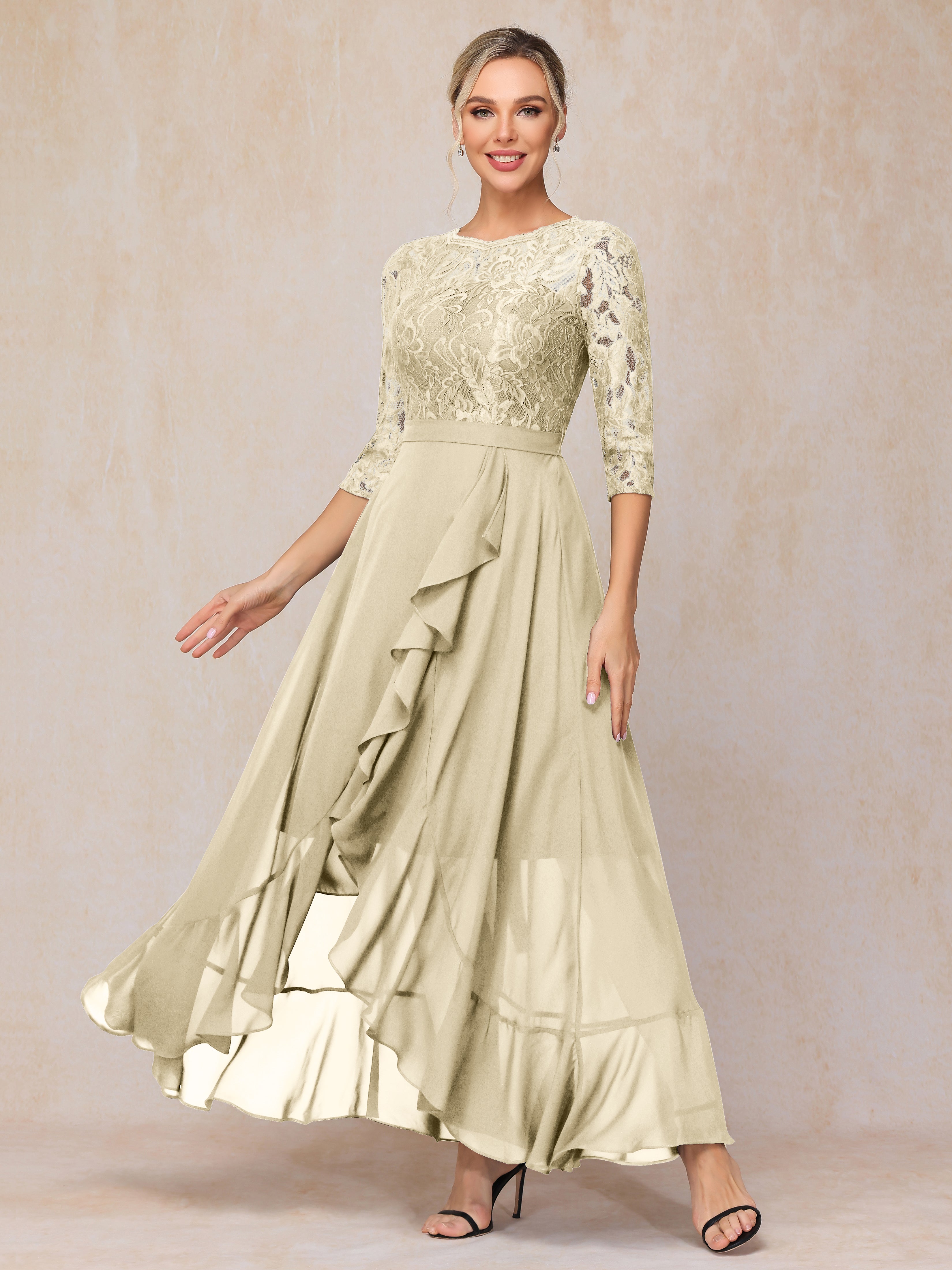 Ankle Length Short Sleeves Chiffon Lace Mother Of The Groom Dress