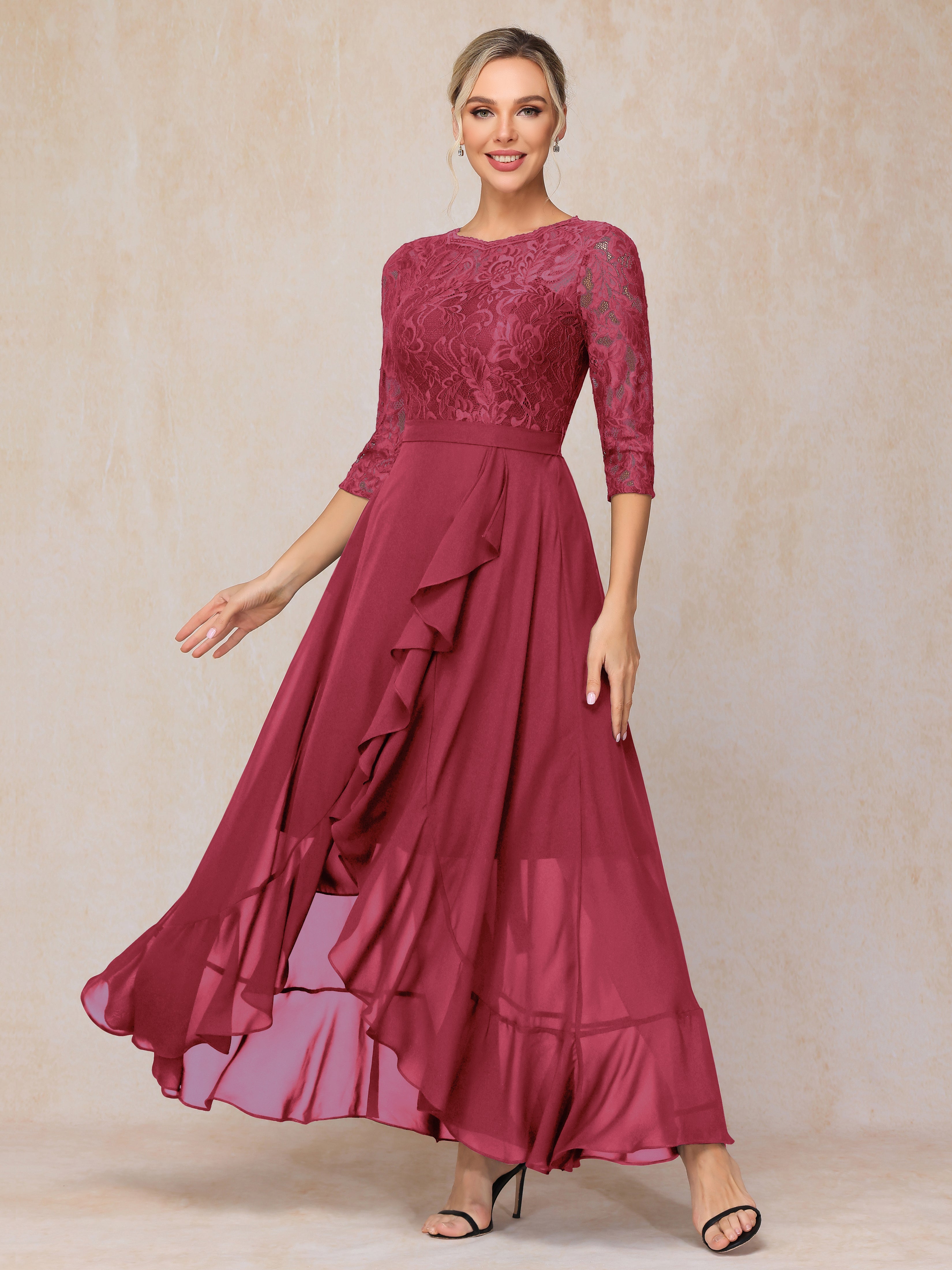 Ankle Length Short Sleeves Chiffon Lace Mother Of The Groom Dress