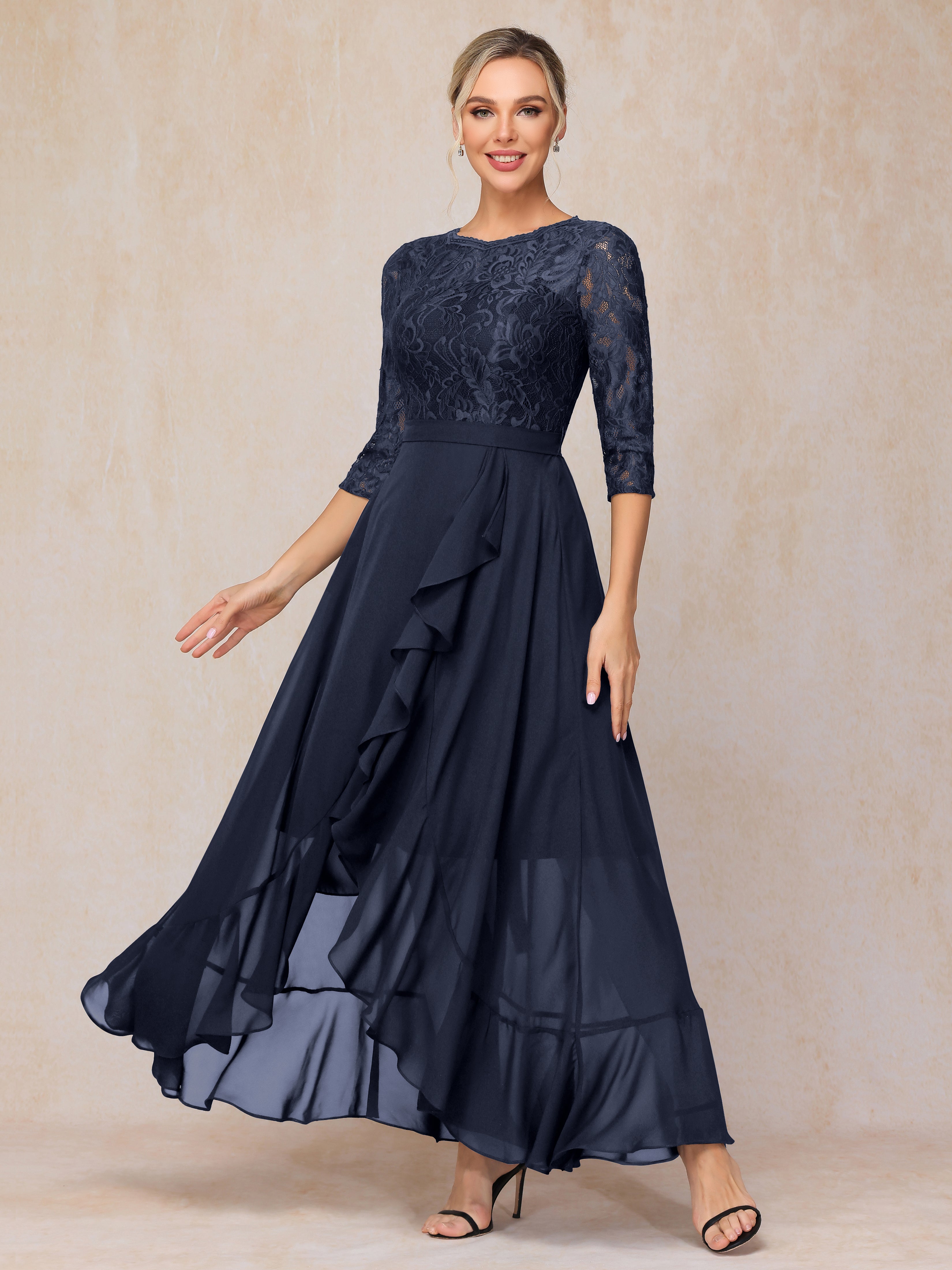 Ankle Length Short Sleeves Chiffon Lace Mother Of The Groom Dress