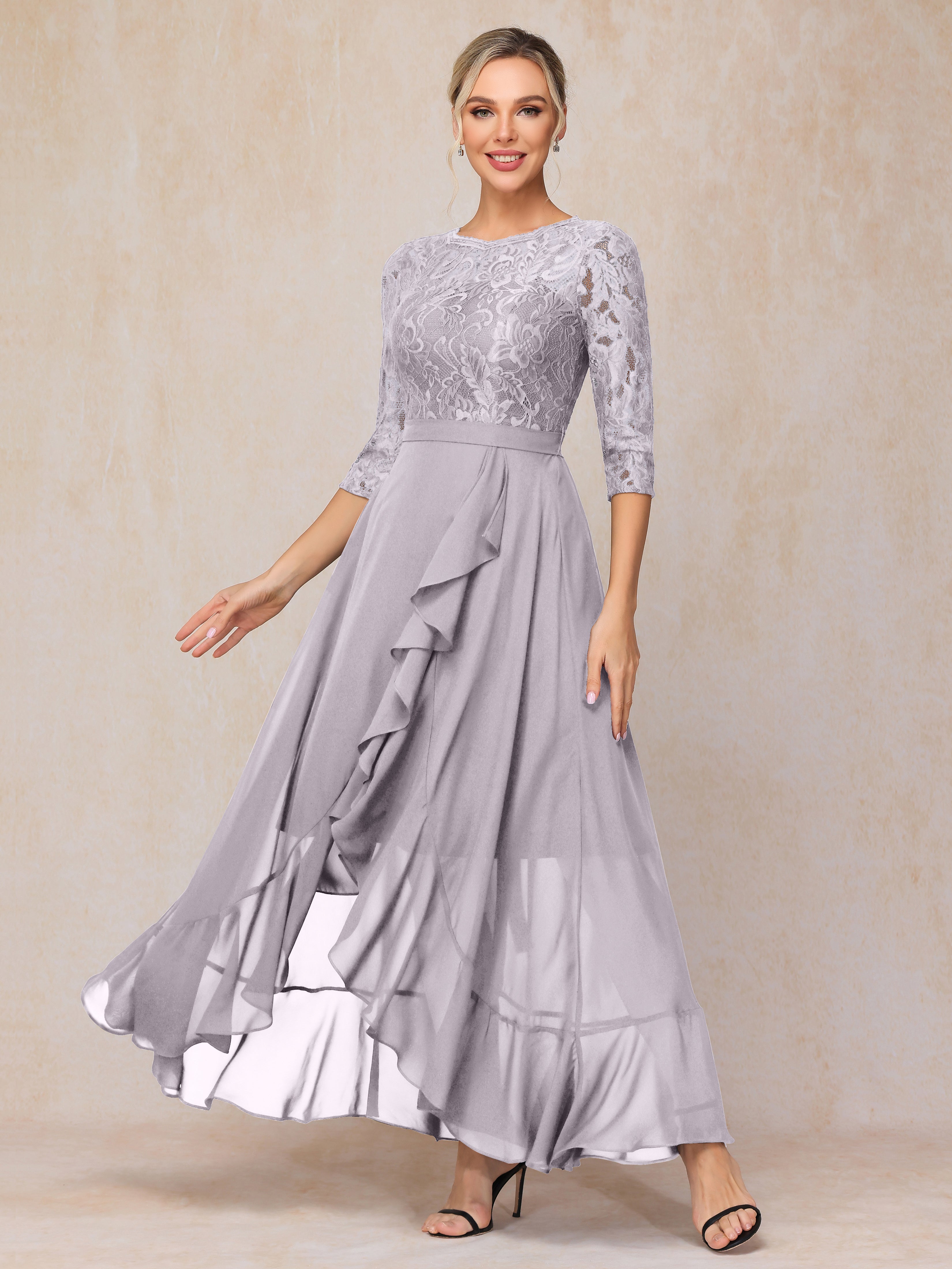 Ankle Length Short Sleeves Chiffon Lace Mother Of The Groom Dress