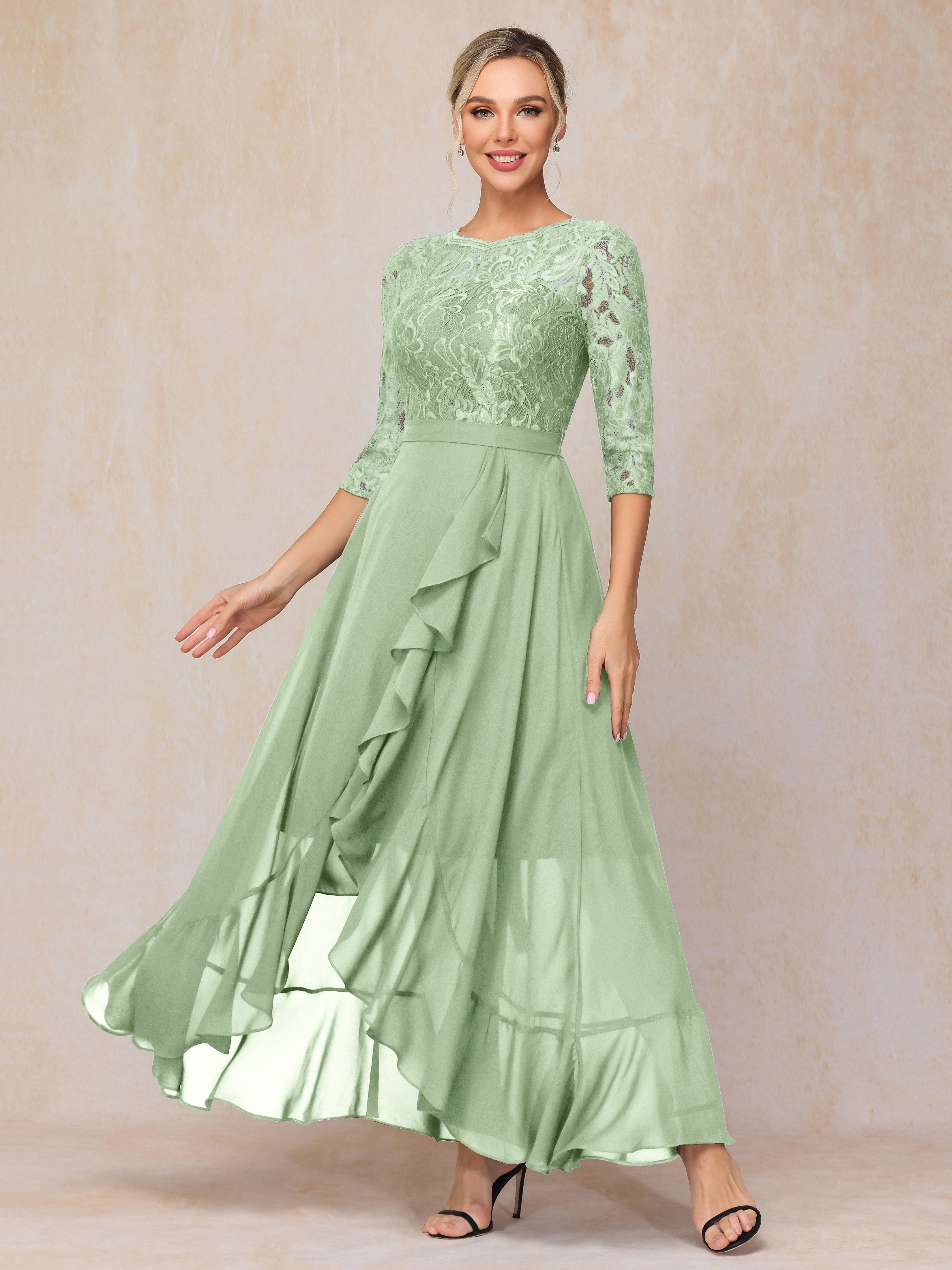 Ankle Length Short Sleeves Chiffon Lace Mother Of The Groom Dress