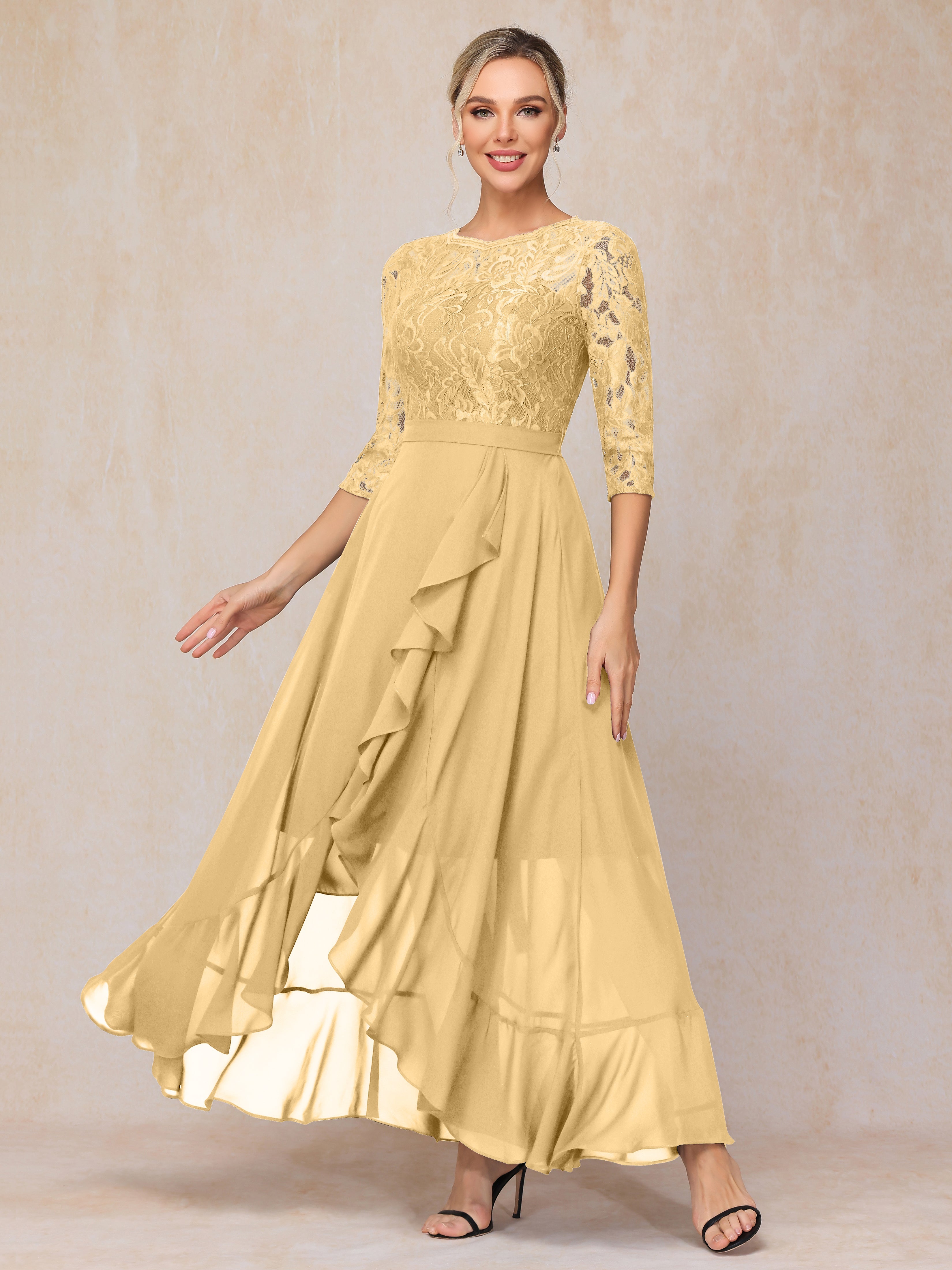 Ankle Length Short Sleeves Chiffon Lace Mother Of The Groom Dress