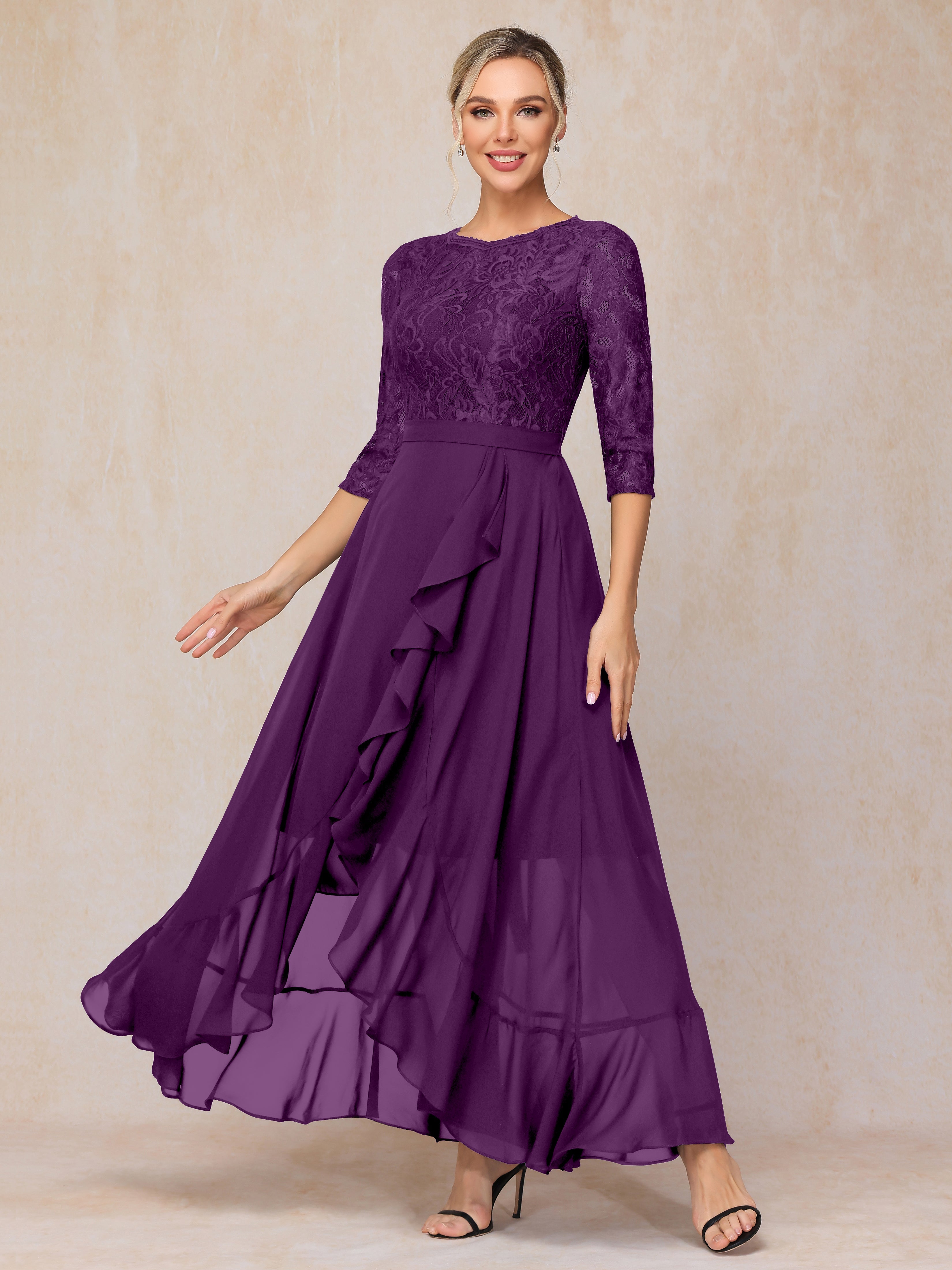 Ankle Length Short Sleeves Chiffon Lace Mother Of The Groom Dress