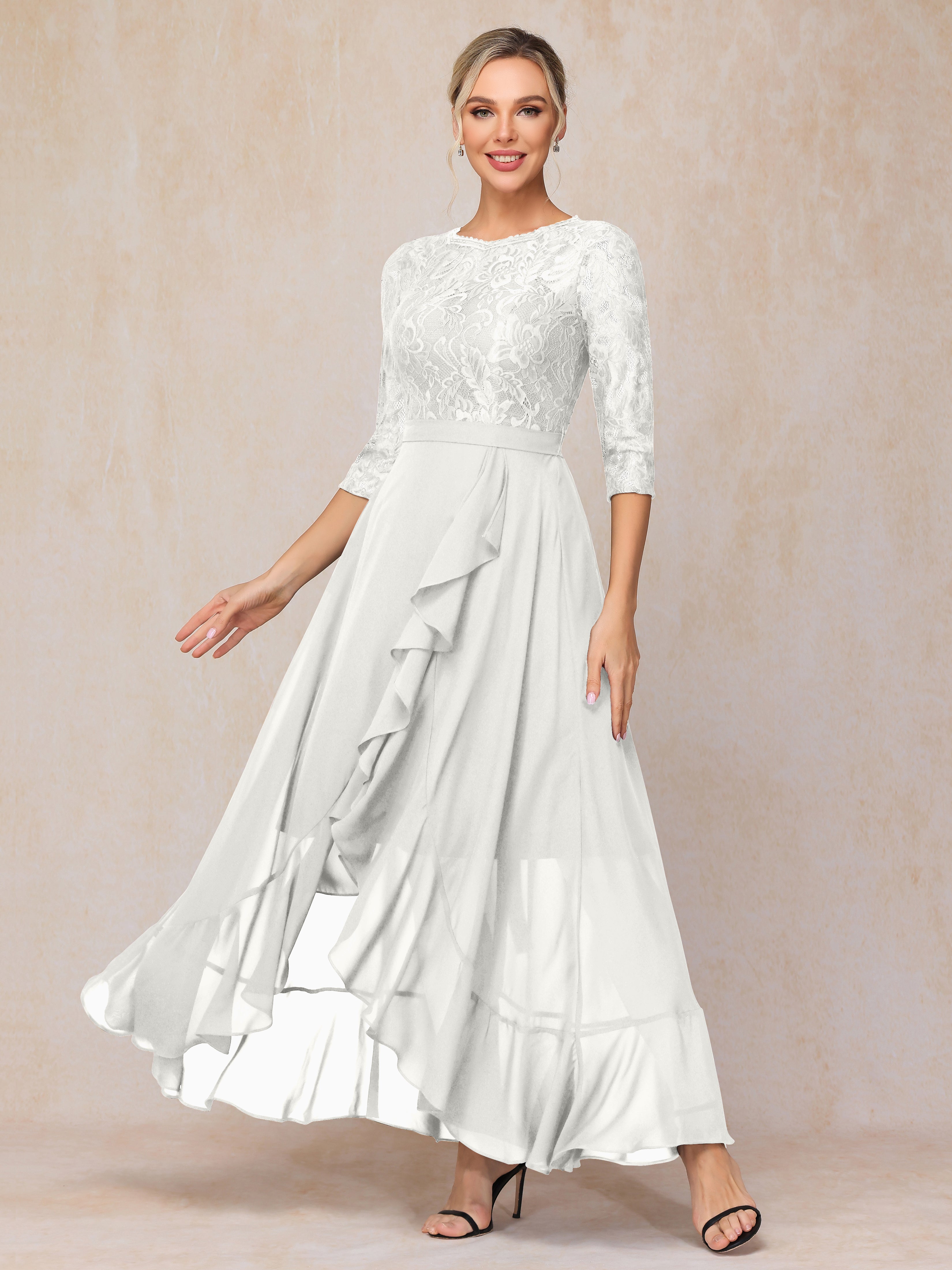 Ankle Length Short Sleeves Chiffon Lace Mother Of The Groom Dress