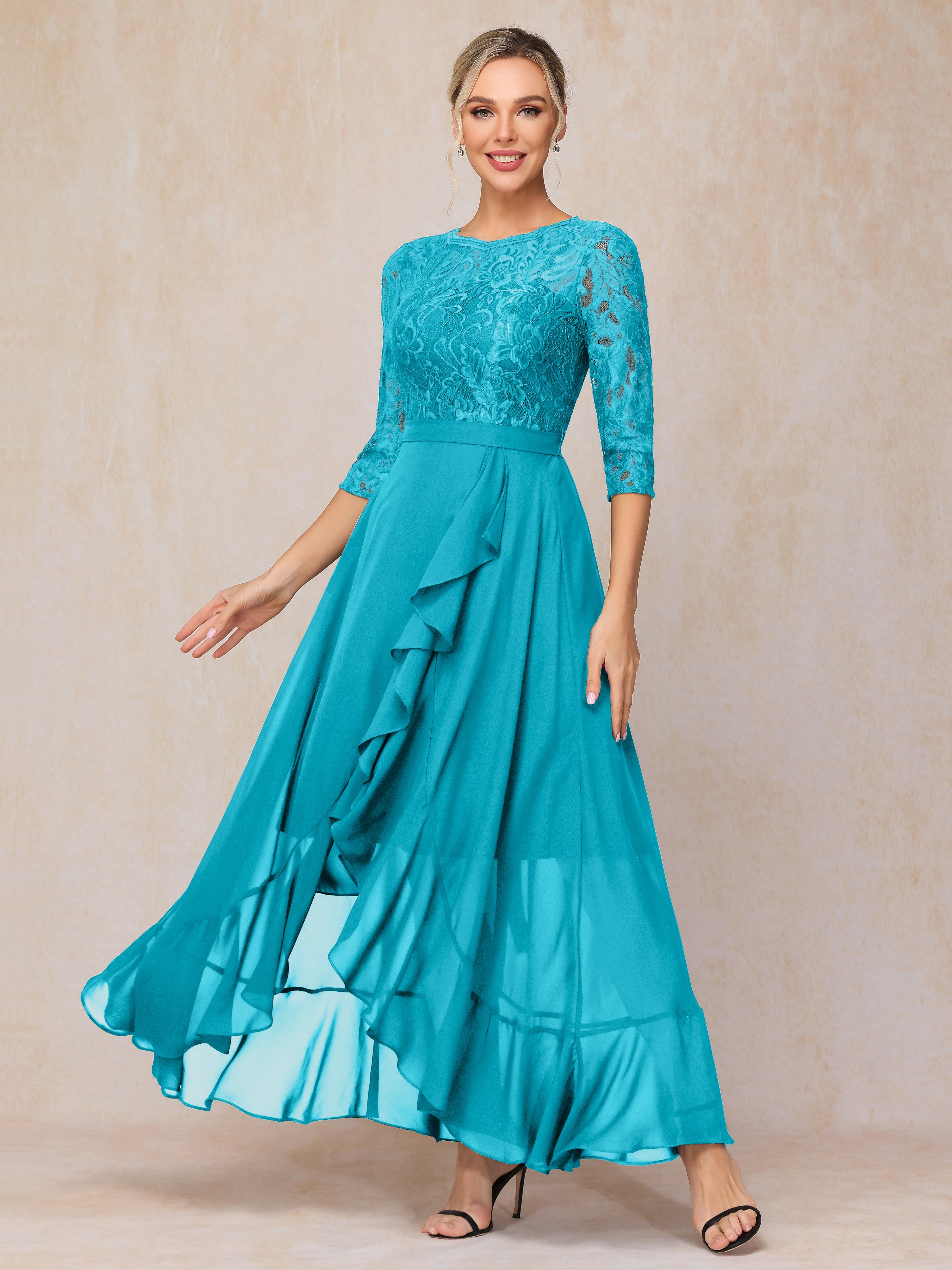 Ankle Length Short Sleeves Chiffon Lace Mother Of The Groom Dress