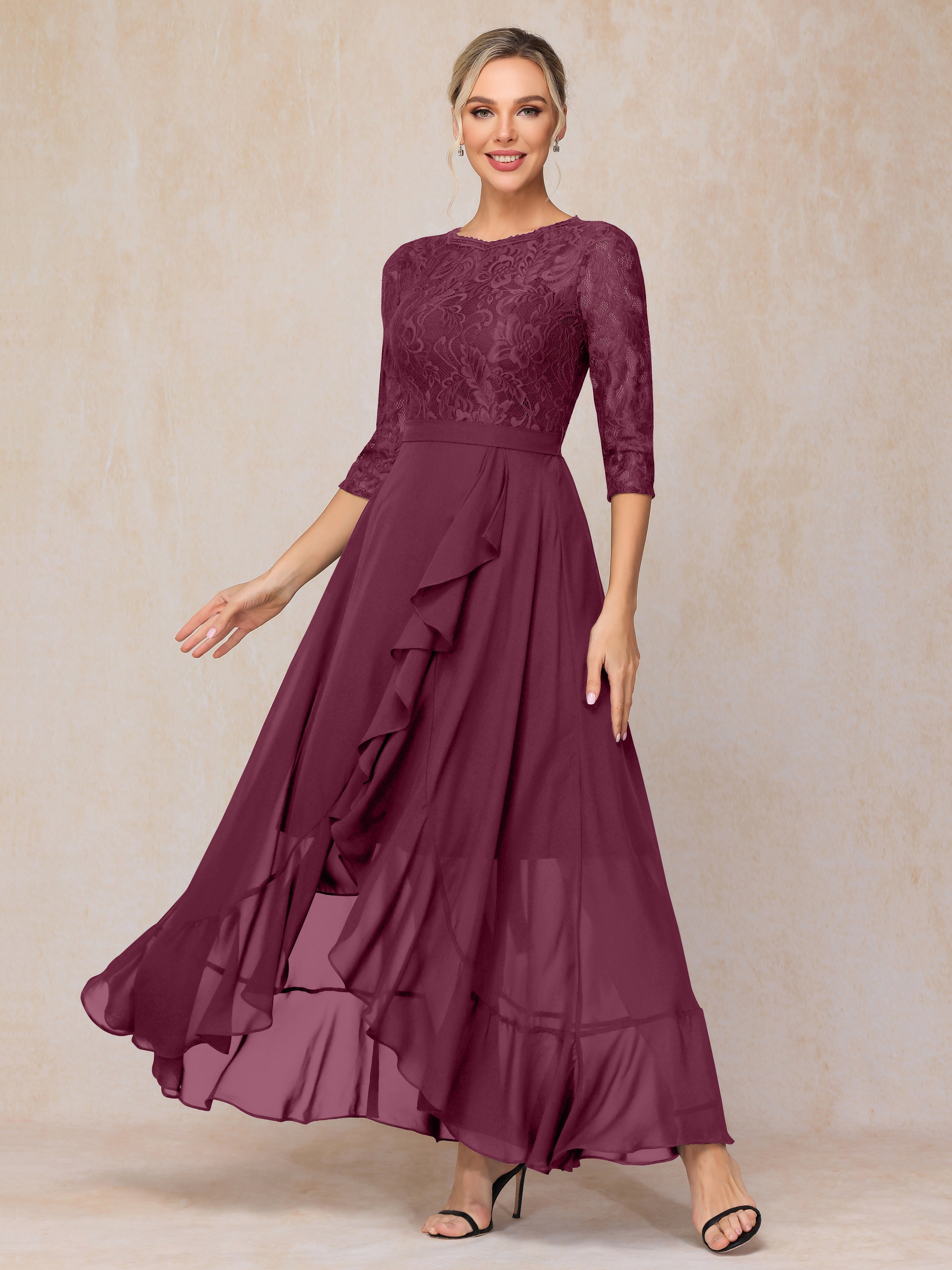 Ankle Length Short Sleeves Chiffon Lace Mother Of The Groom Dress