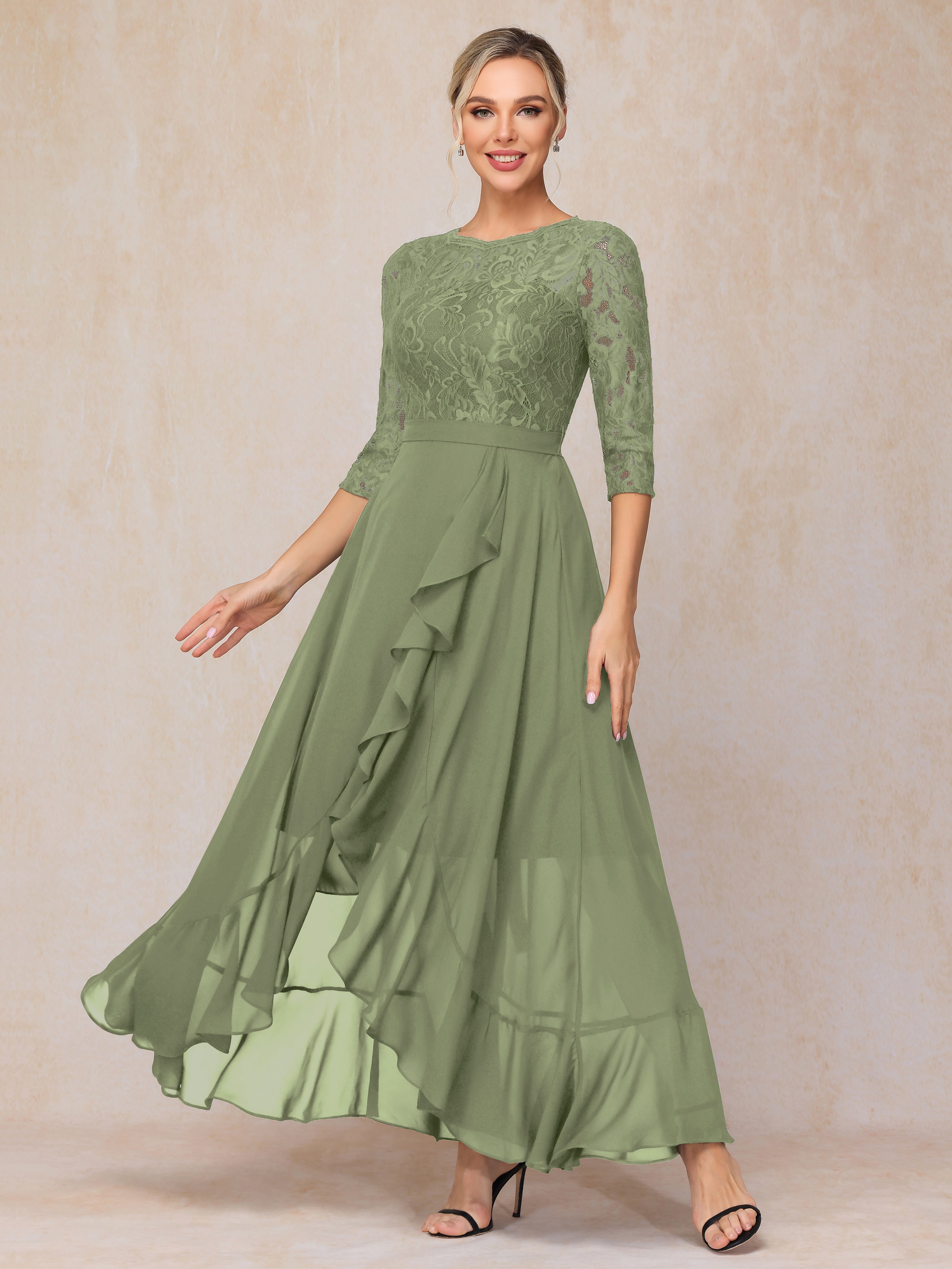 Ankle Length Short Sleeves Chiffon Lace Mother Of The Groom Dress