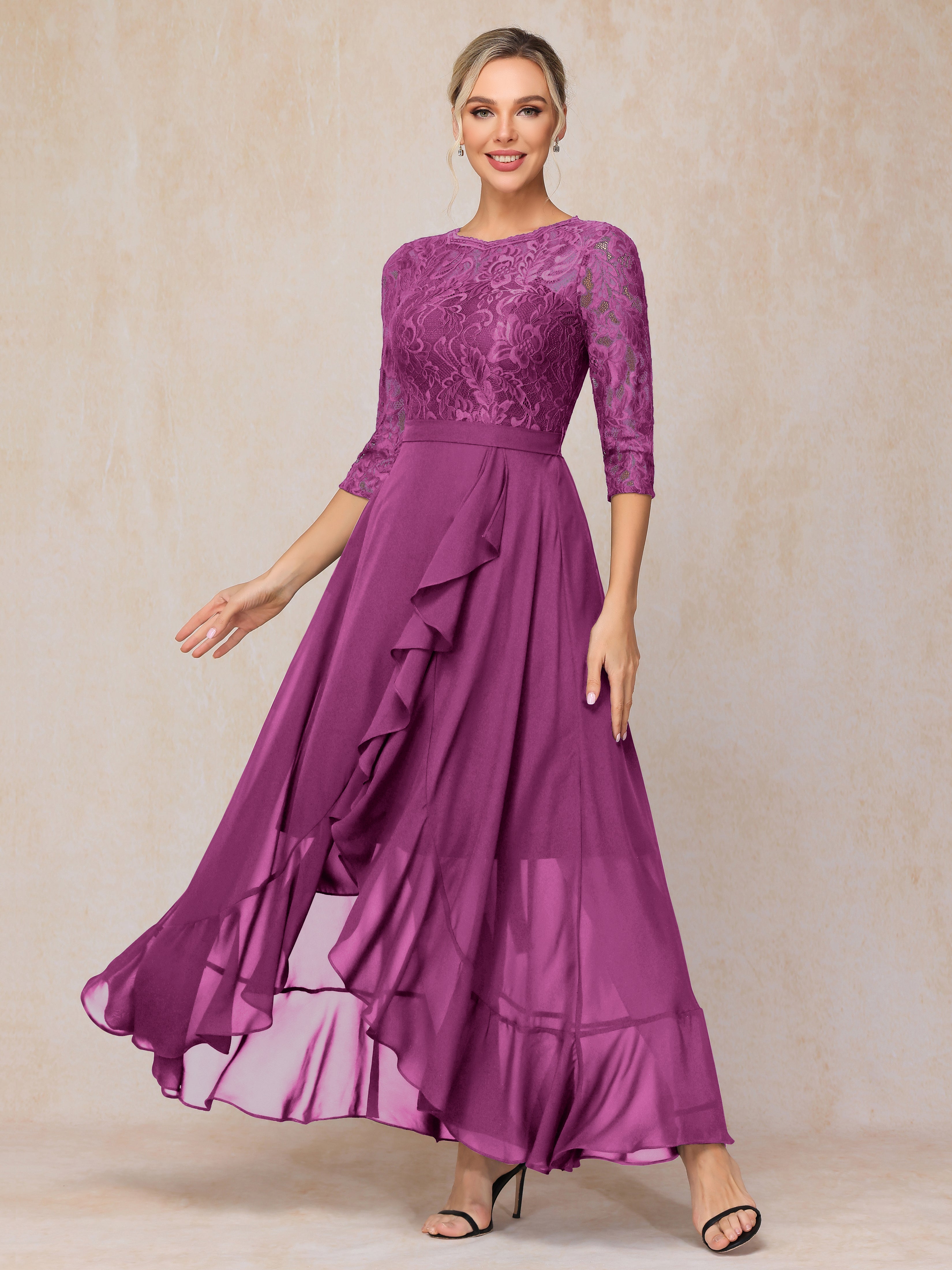 Ankle Length Short Sleeves Chiffon Lace Mother Of The Groom Dress