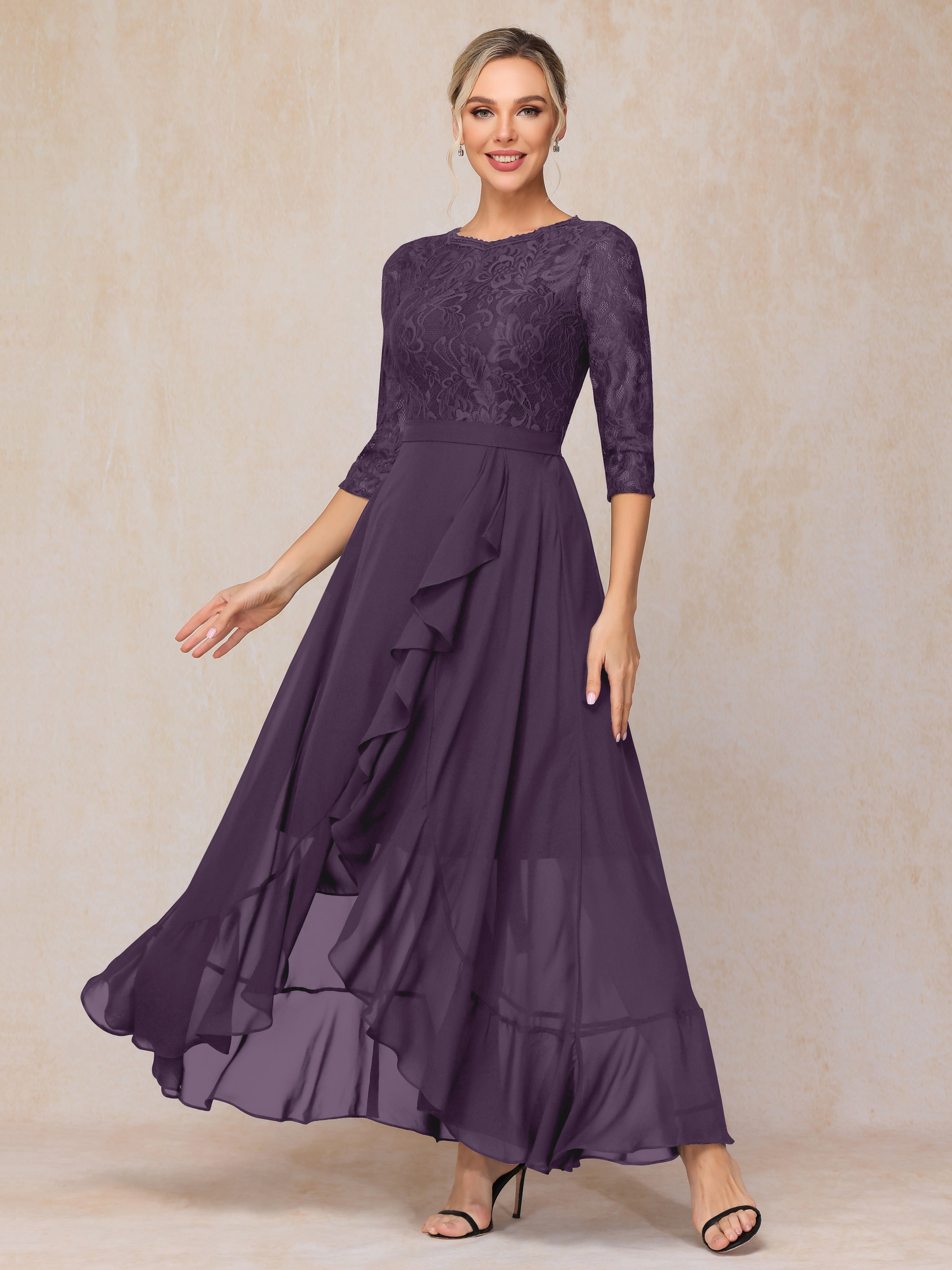 Ankle Length Short Sleeves Chiffon Lace Mother Of The Groom Dress
