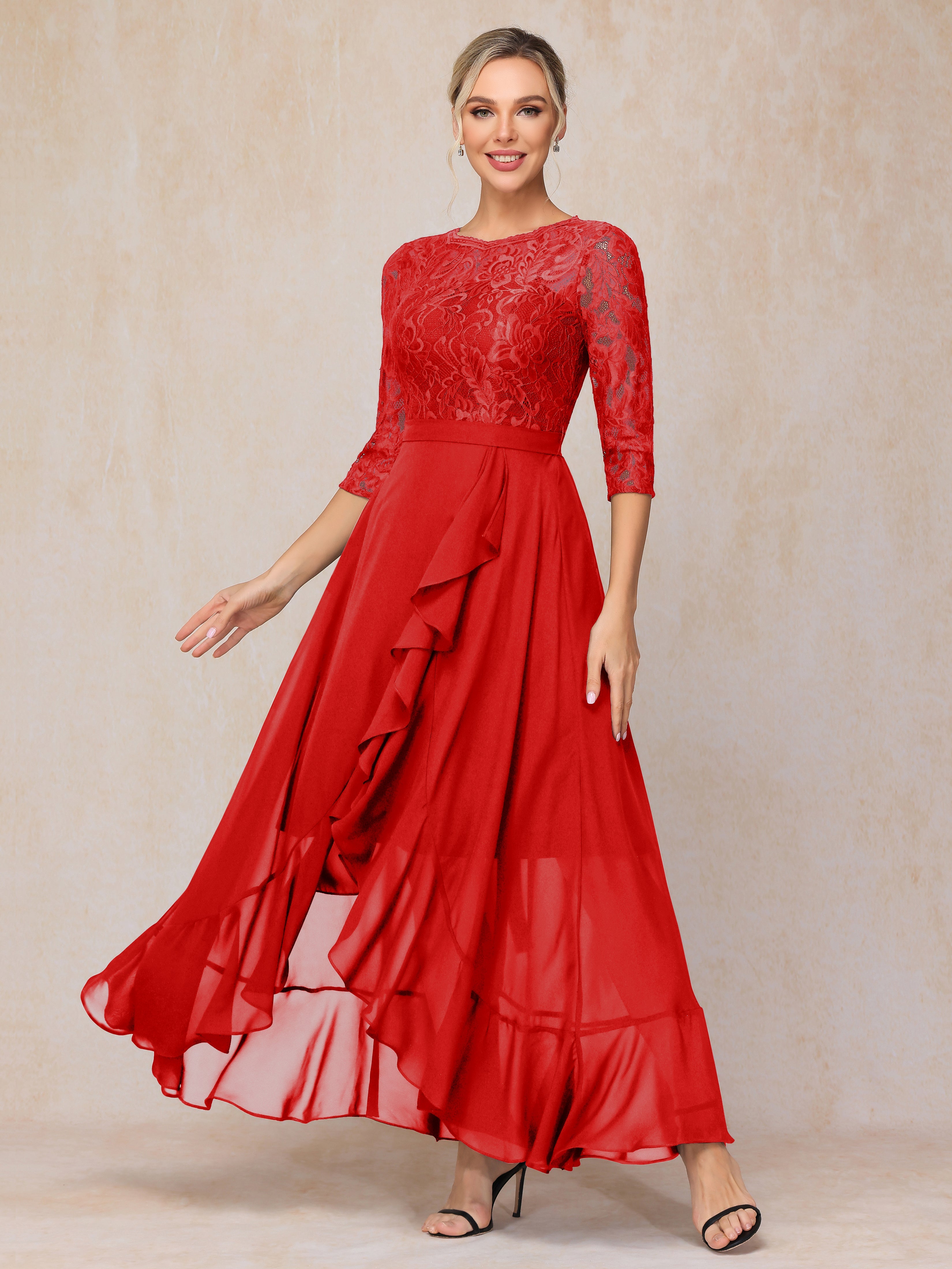 Ankle Length Short Sleeves Chiffon Lace Mother Of The Groom Dress