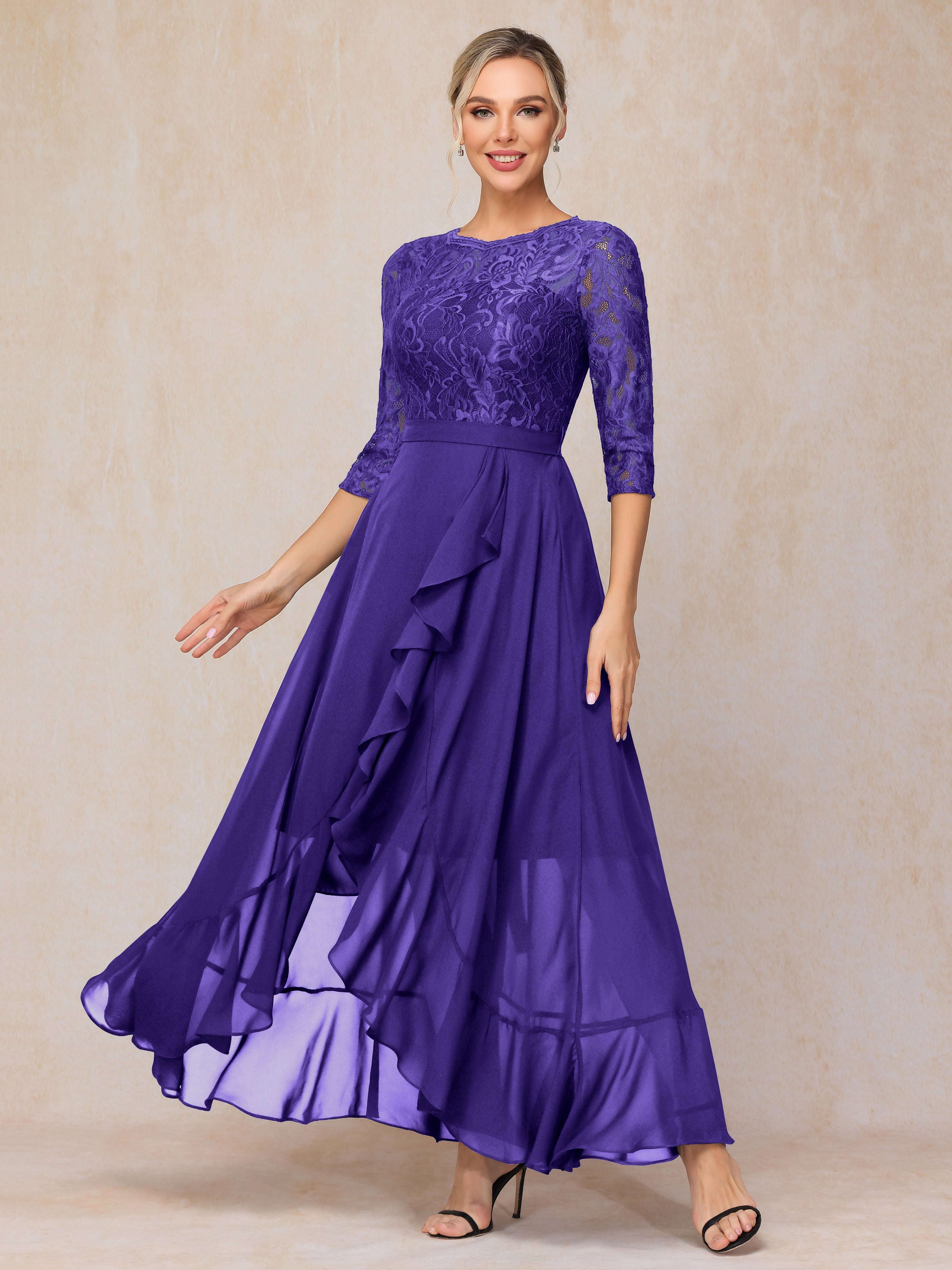 Ankle Length Short Sleeves Chiffon Lace Mother Of The Groom Dress