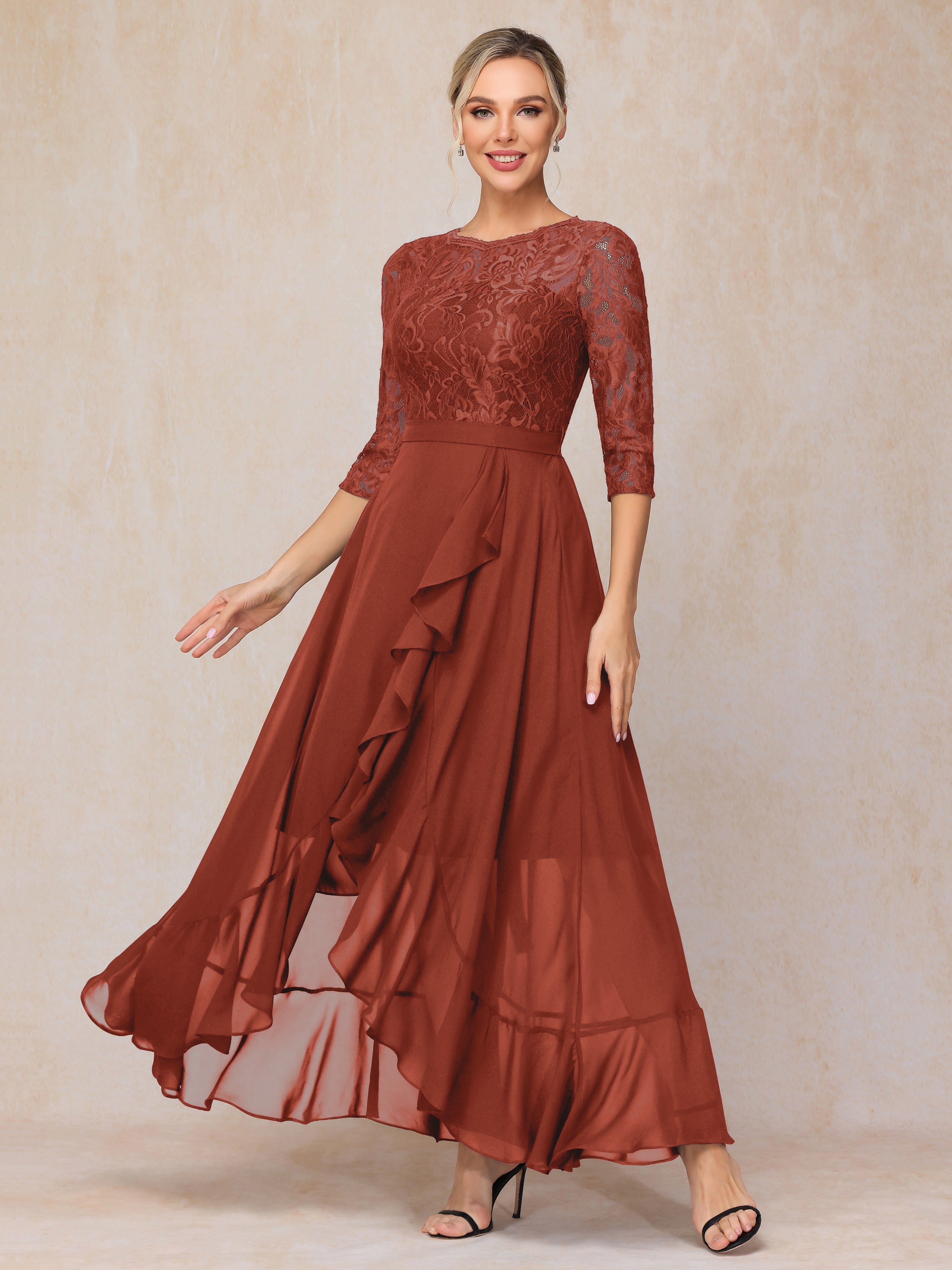 Ankle Length Short Sleeves Chiffon Lace Mother Of The Groom Dress