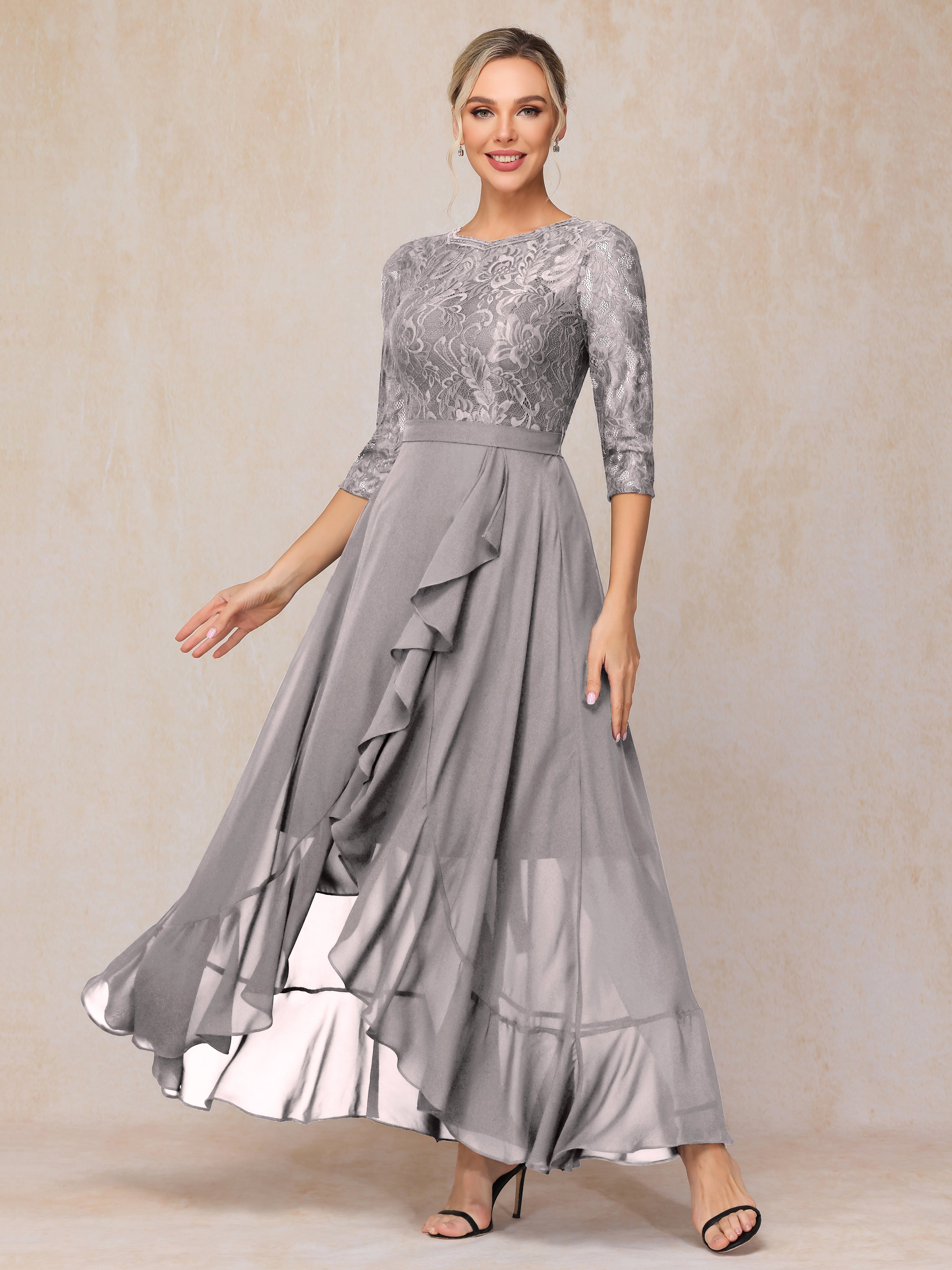 Ankle Length Short Sleeves Chiffon Lace Mother Of The Groom Dress