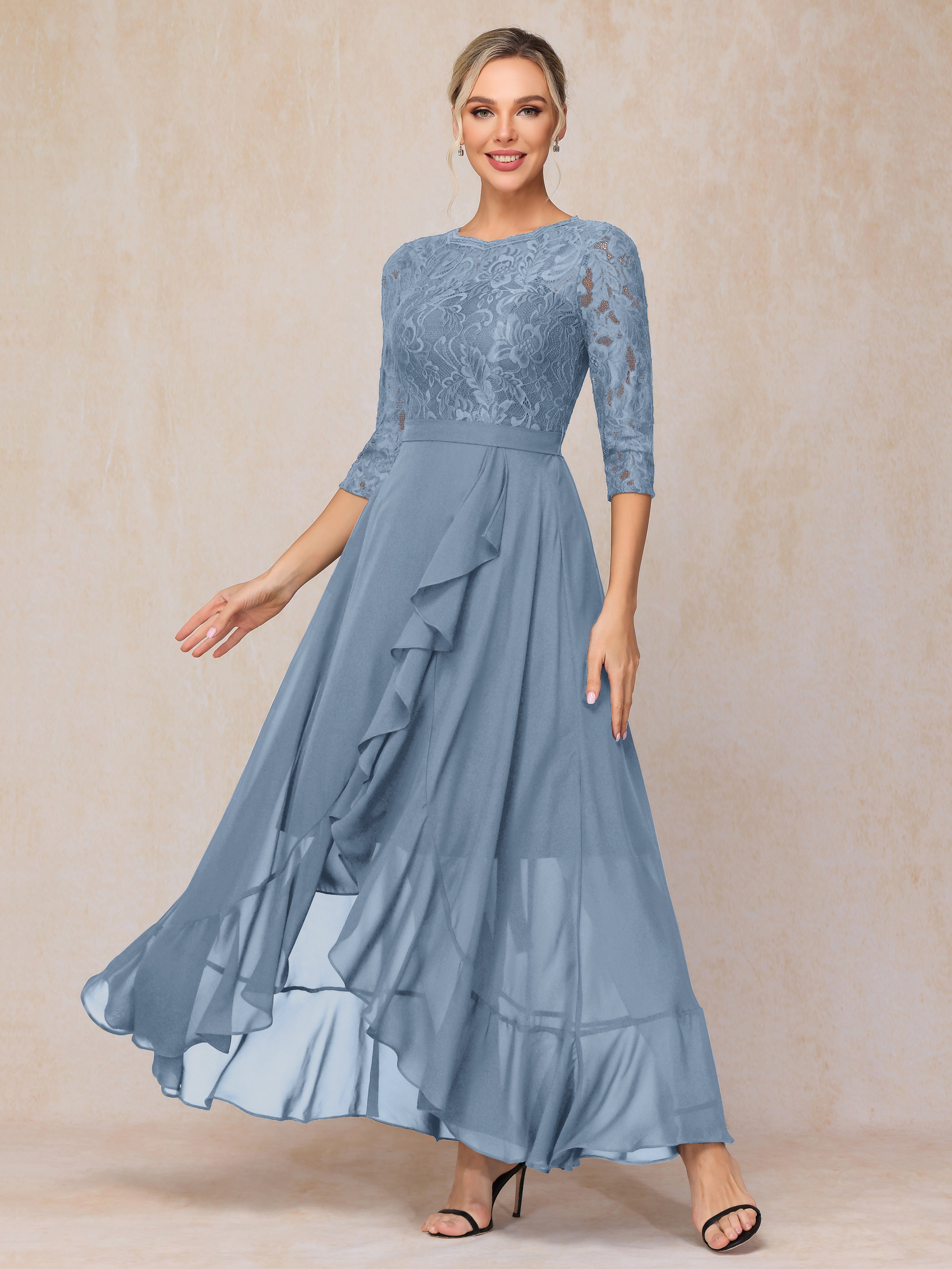 Ankle Length Short Sleeves Chiffon Lace Mother Of The Groom Dress