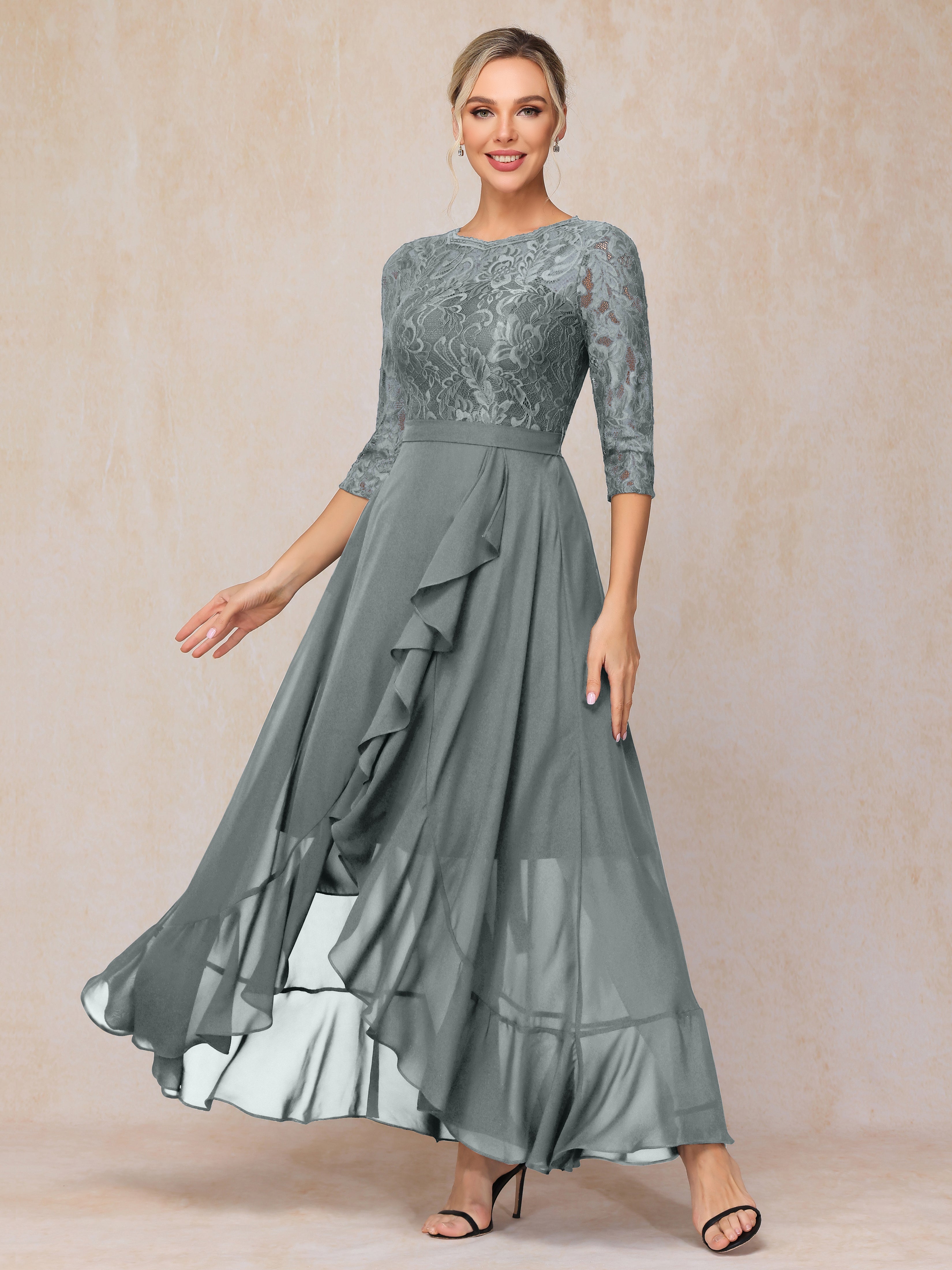 Ankle Length Short Sleeves Chiffon Lace Mother Of The Groom Dress