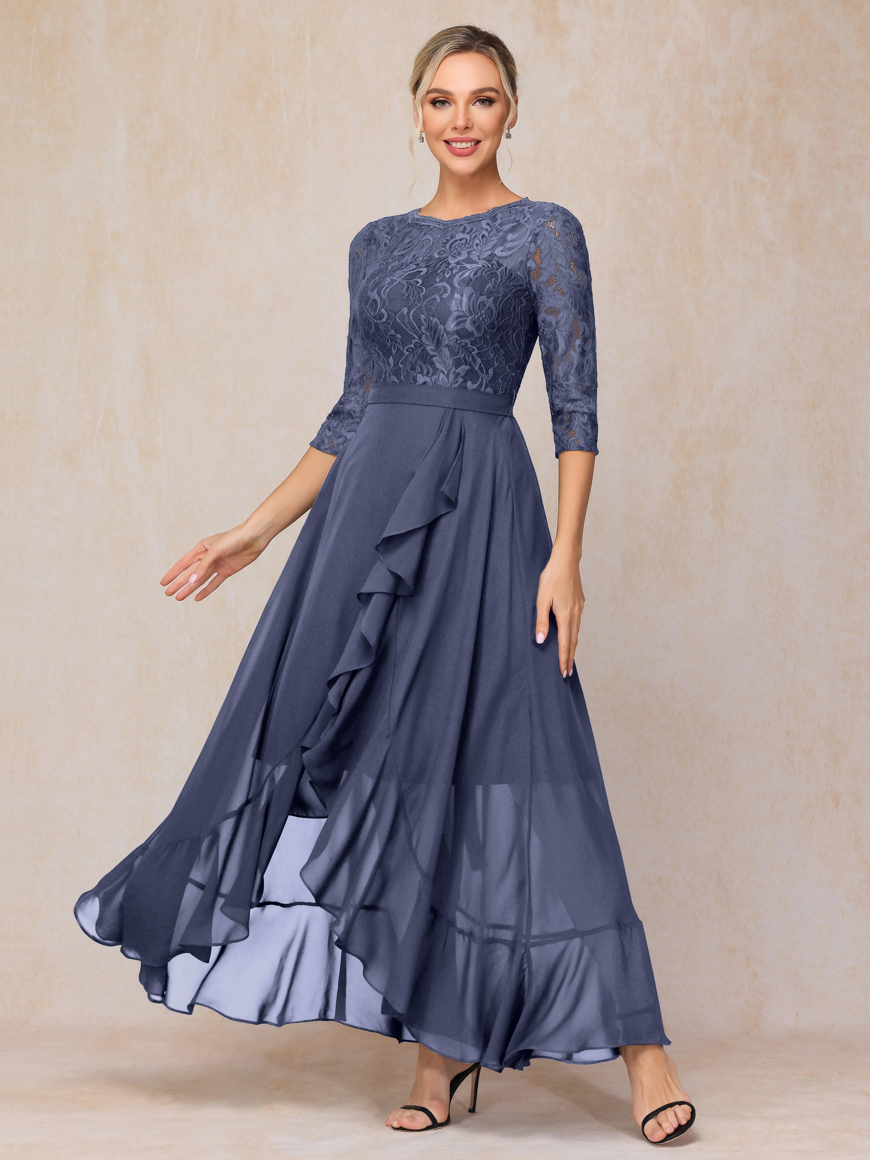 Ankle Length Short Sleeves Chiffon Lace Mother Of The Groom Dress