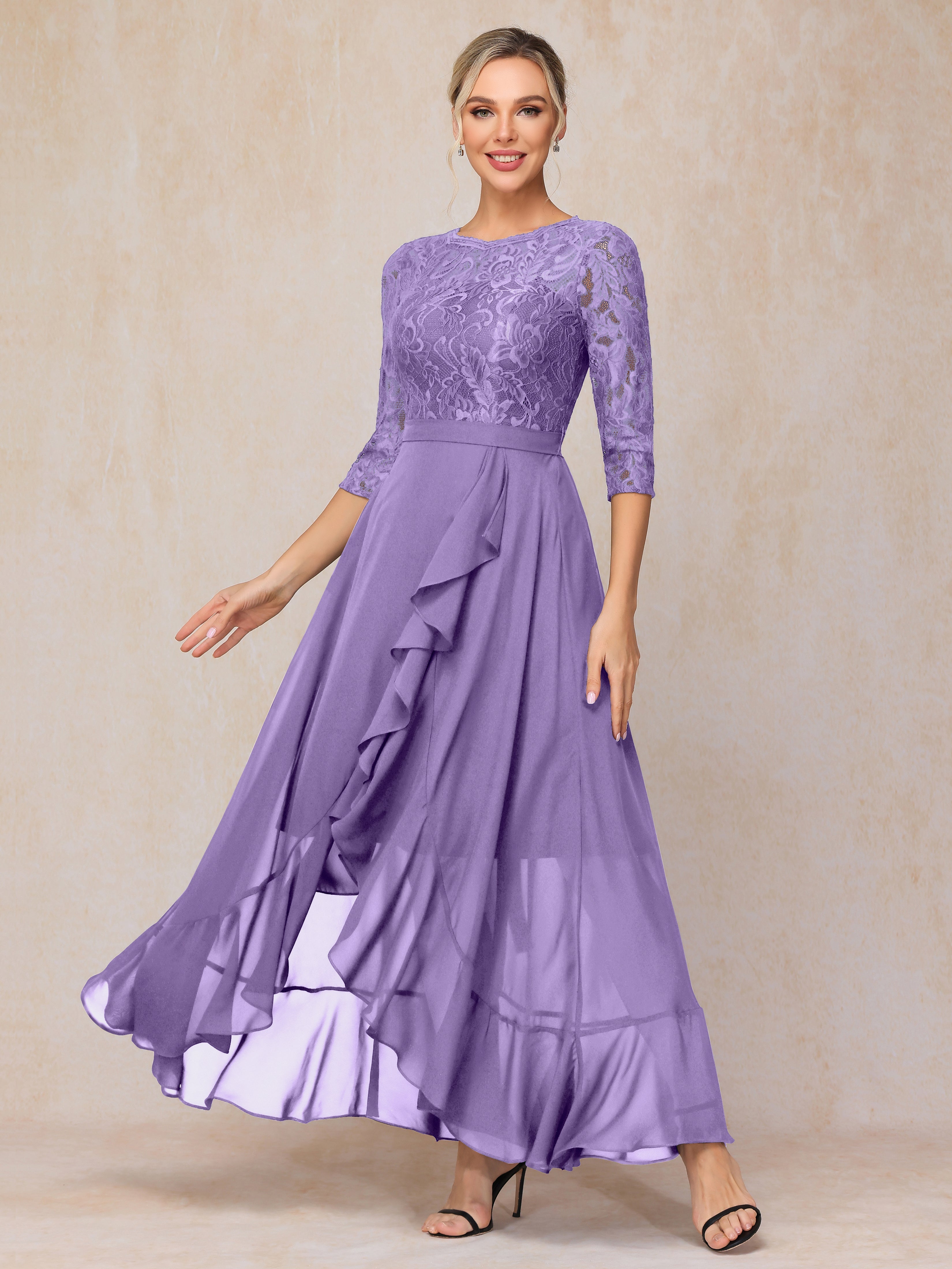 Ankle Length Short Sleeves Chiffon Lace Mother Of The Groom Dress