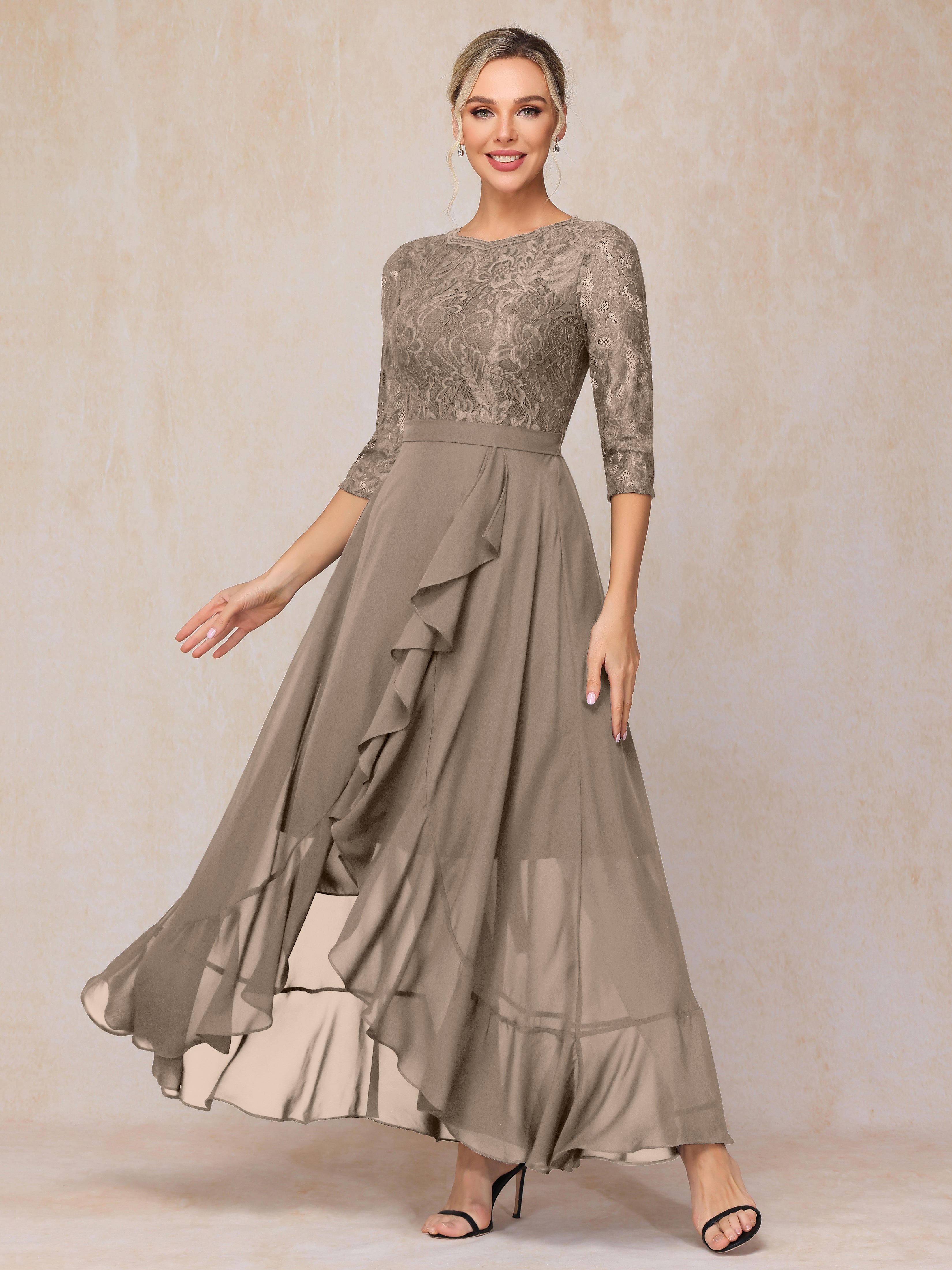 Ankle Length Short Sleeves Chiffon Lace Mother Of The Groom Dress