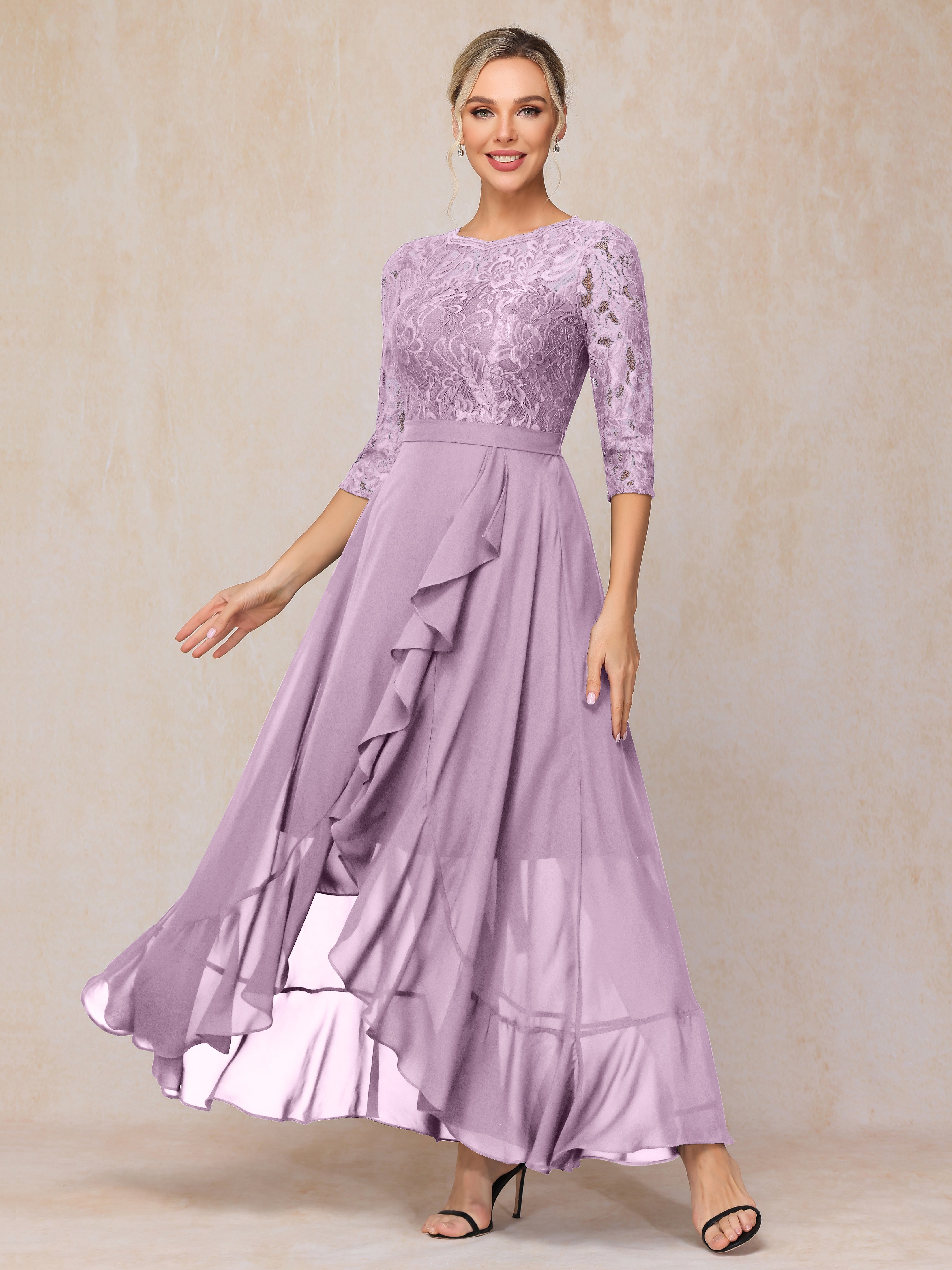 Ankle Length Short Sleeves Chiffon Lace Mother Of The Groom Dress