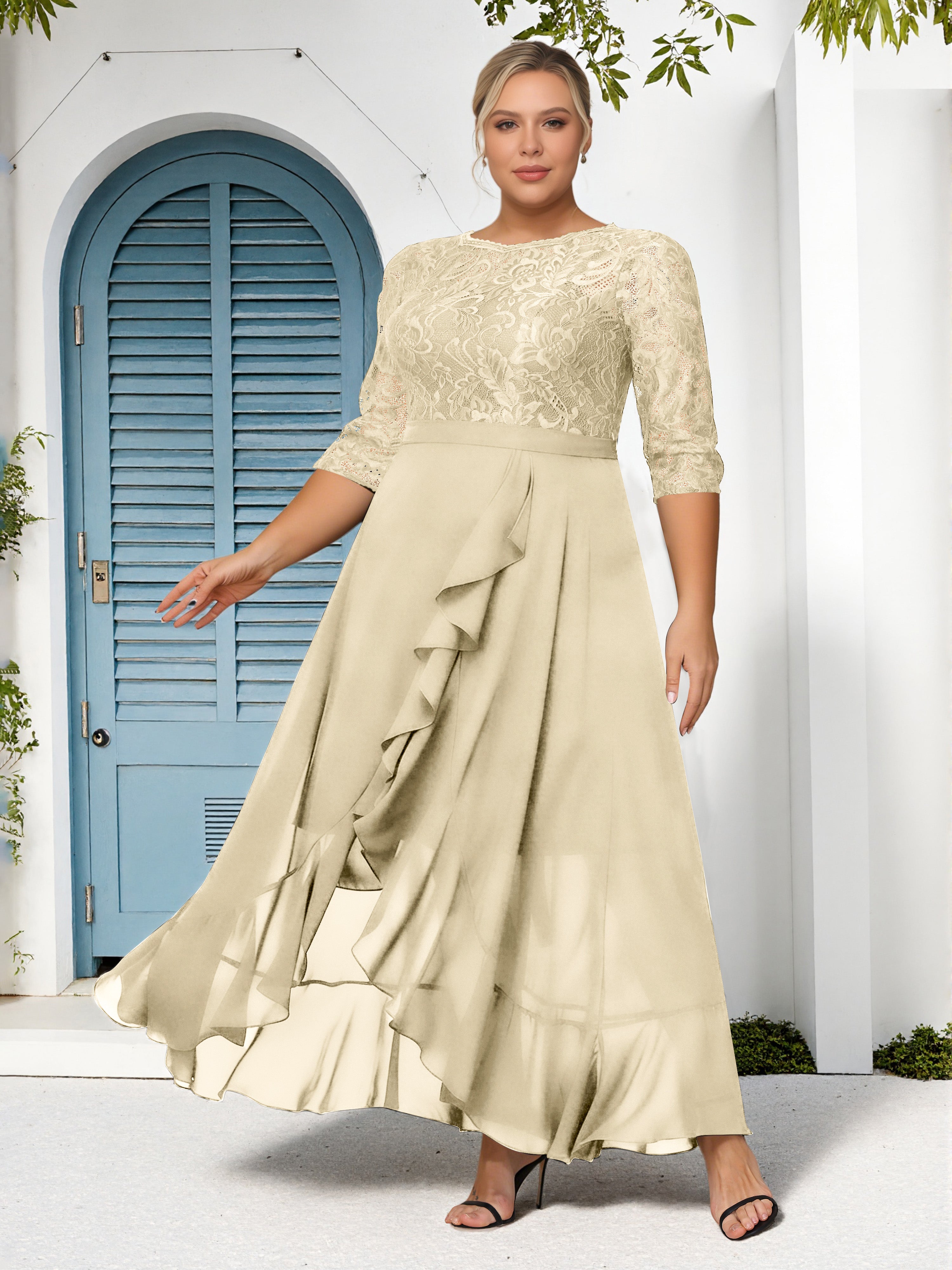 Cicinia Champagne Mother Of The Bride Dress With Sleeves Plus Size Long Chiffon Lace A-line Ankle Length
