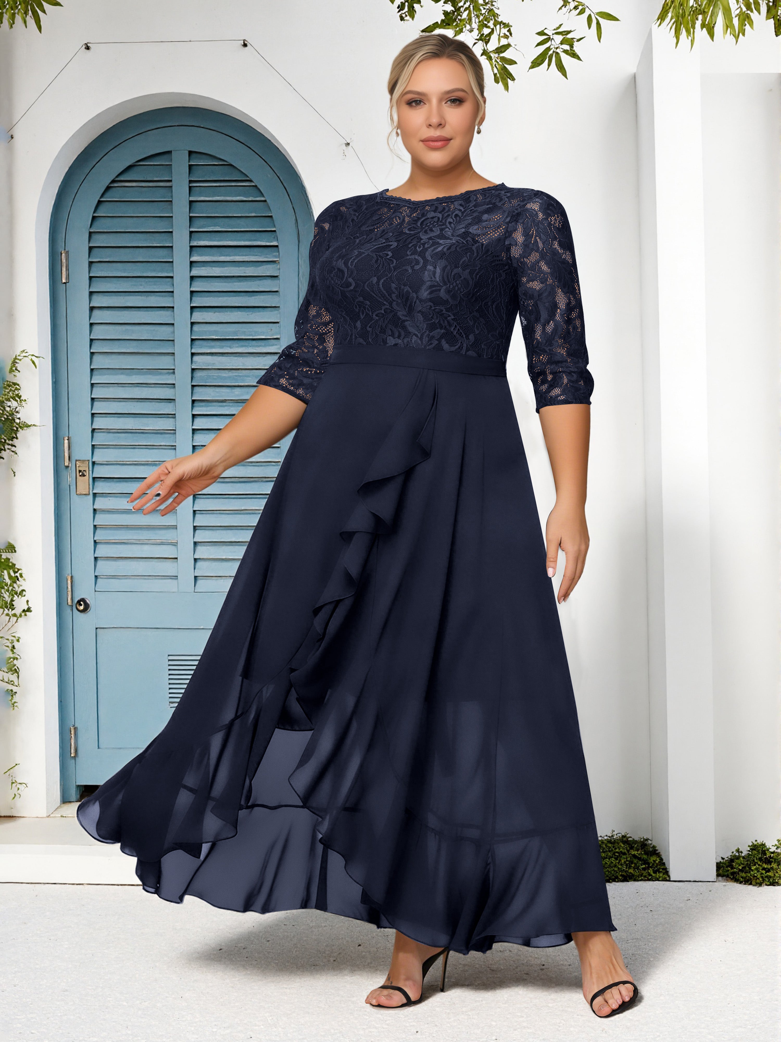 Cicinia Dark Navy Mother Of The Bride Dress With Sleeves Plus Size Long Chiffon Lace A-line Ankle Length