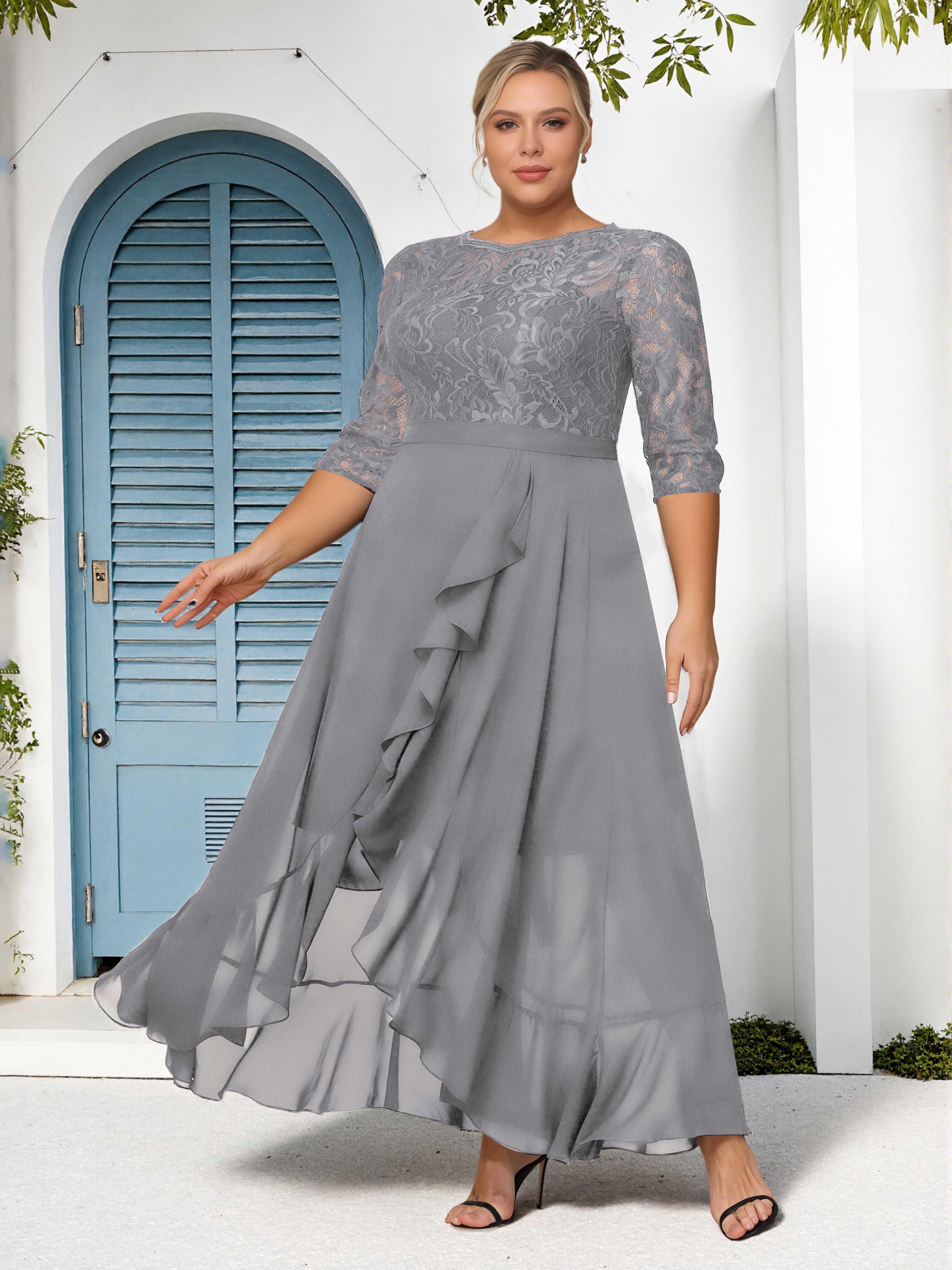 Cicinia Silver Mother Of The Bride Dress With Sleeves Plus Size Long Chiffon Lace A-line Ankle Length