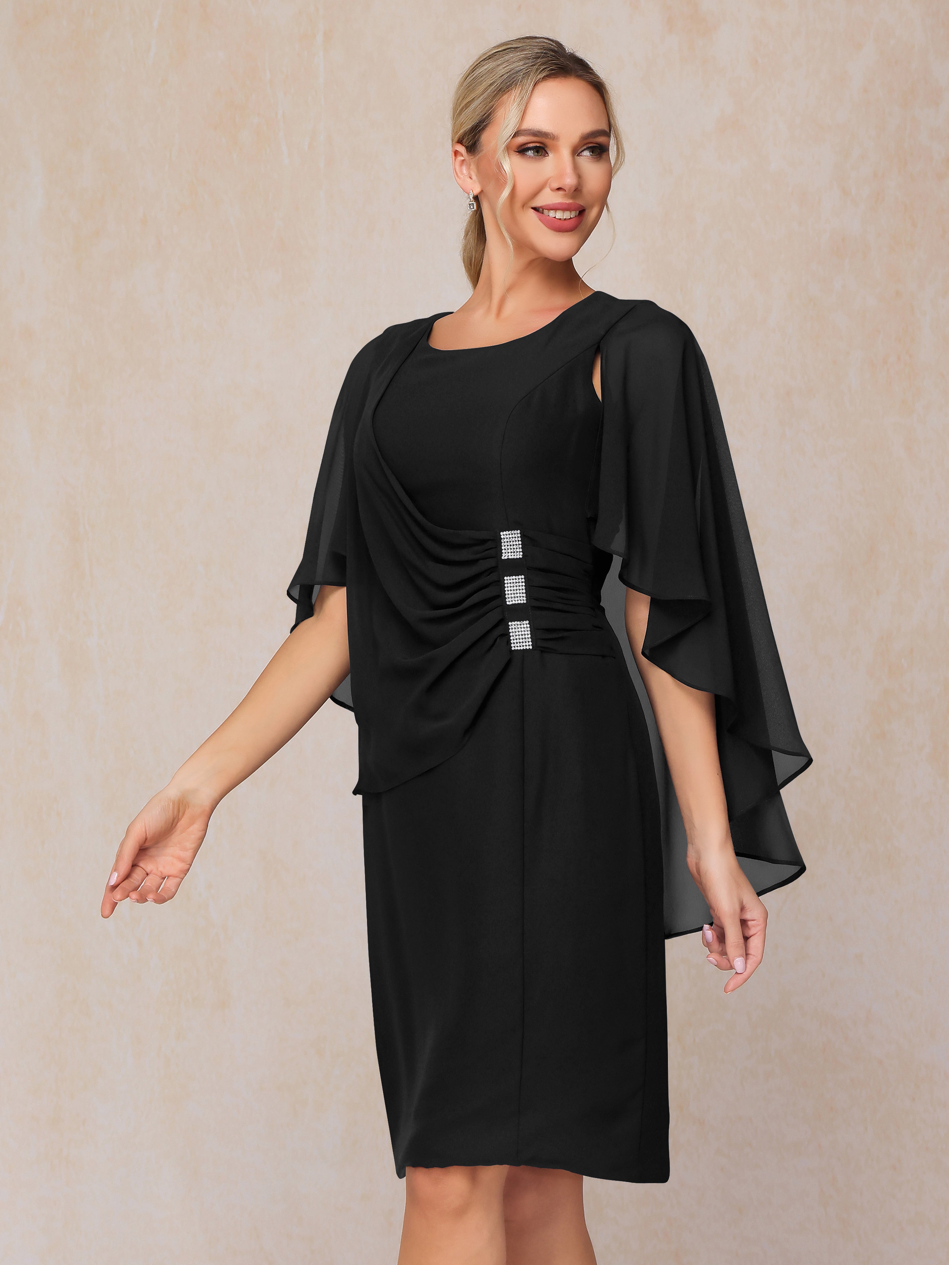 Short Sleeves Knee Length Chiffon Mother Of The Groom Dress With Beading