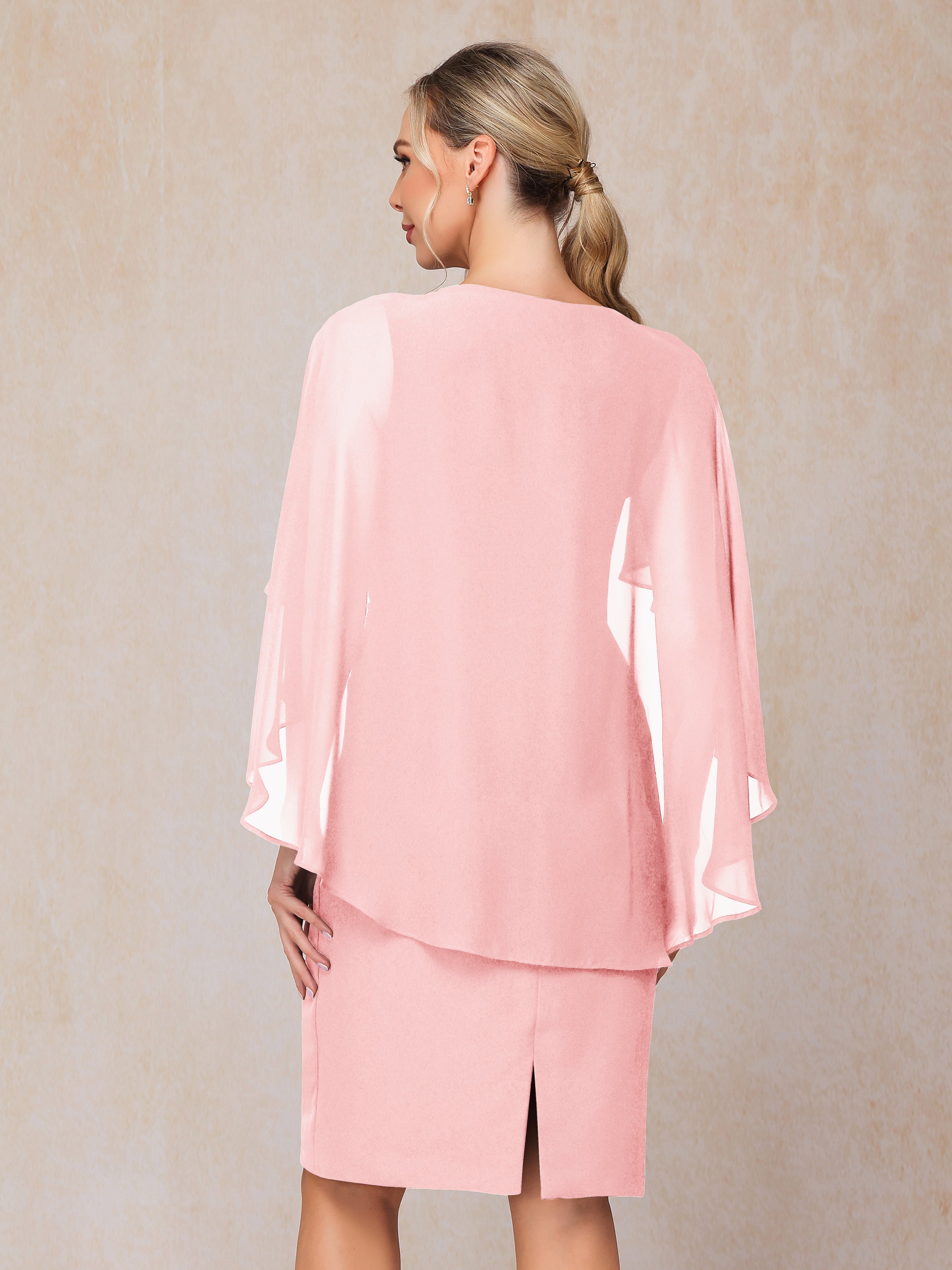 Short Sleeves Knee Length Chiffon Mother Of The Groom Dress With Beading