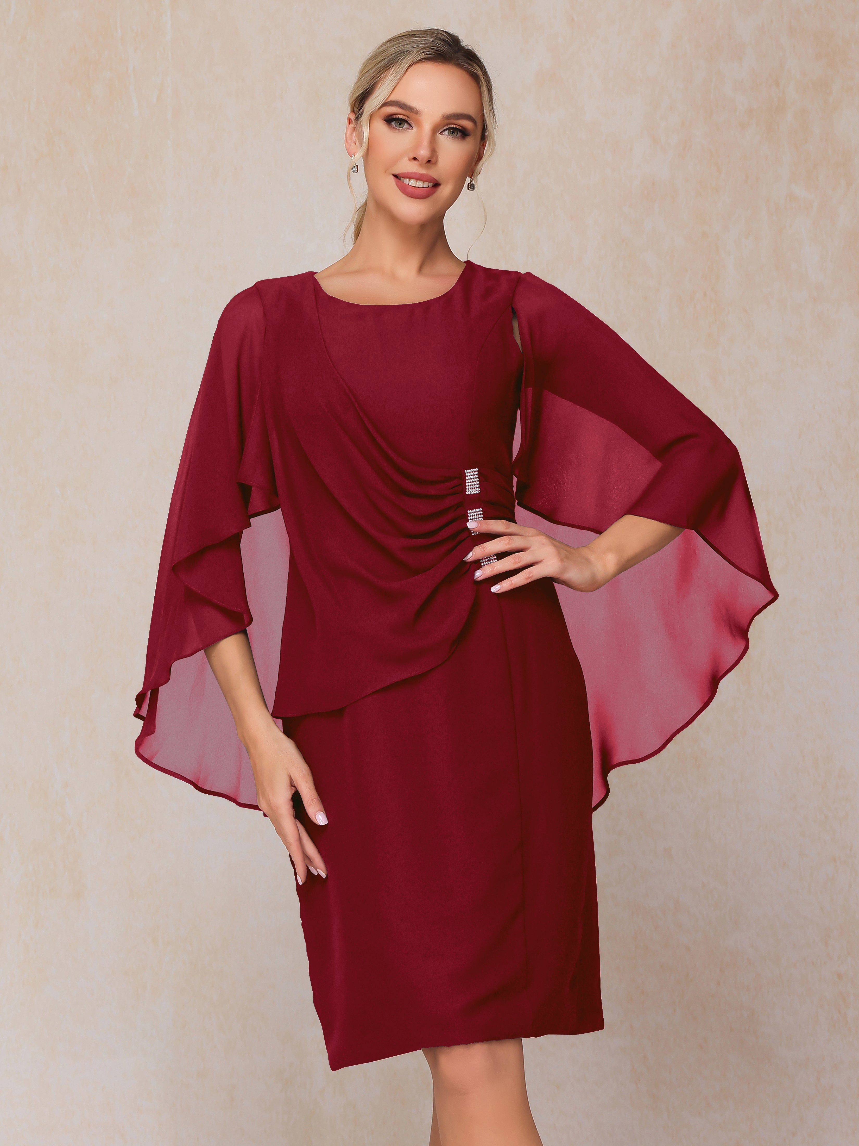 Short Sleeves Knee Length Chiffon Mother Of The Groom Dress With Beading