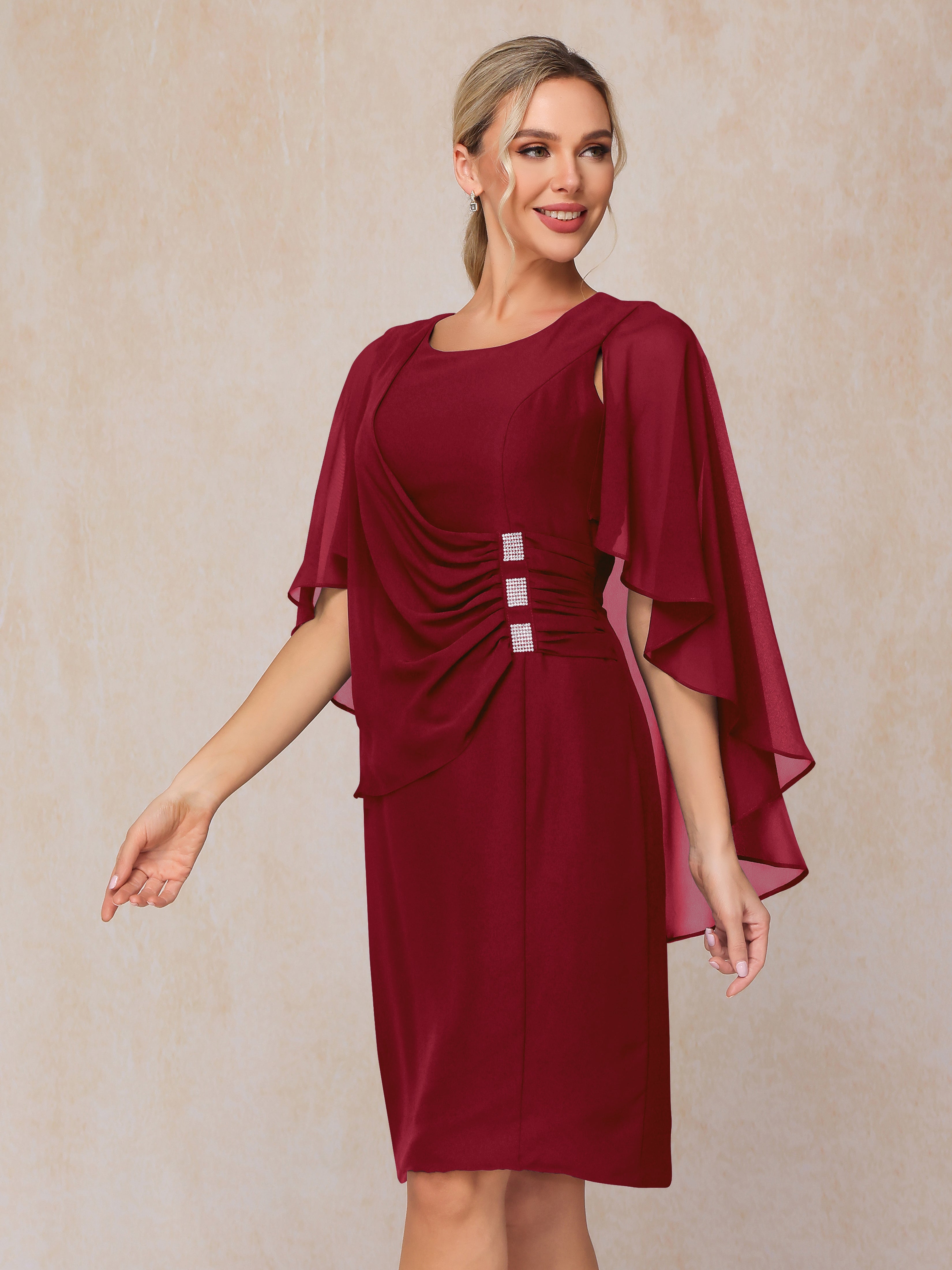 Short Sleeves Knee Length Chiffon Mother Of The Groom Dress With Beading