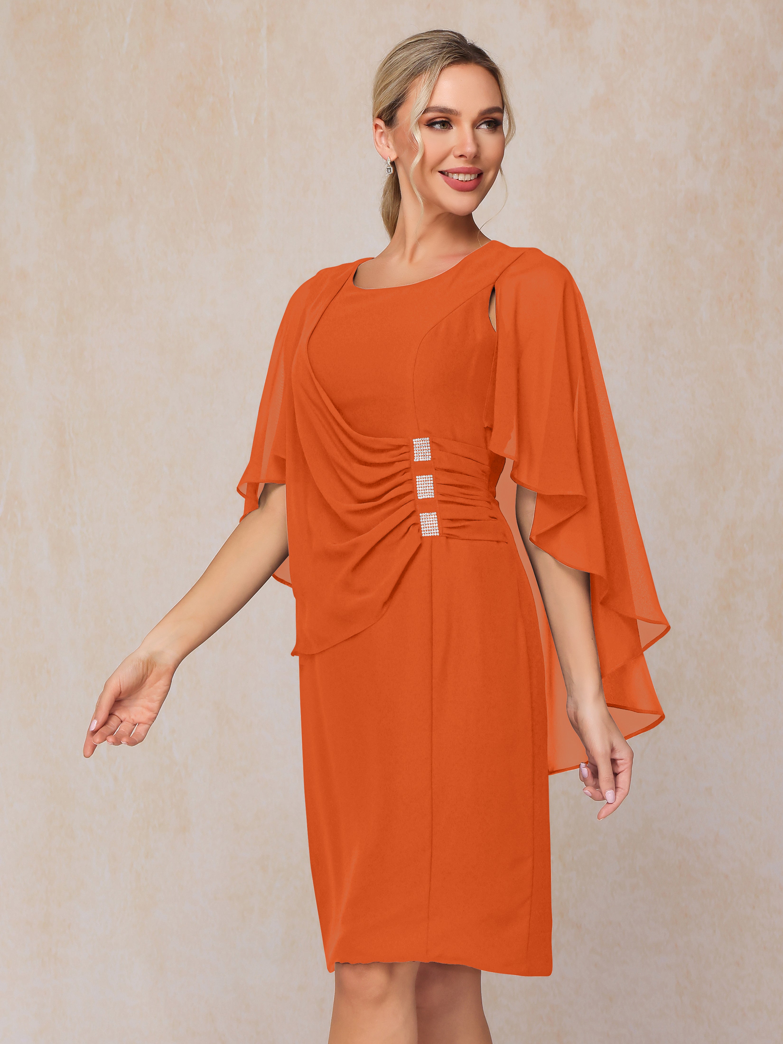Short Sleeves Knee Length Chiffon Mother Of The Groom Dress With Beading