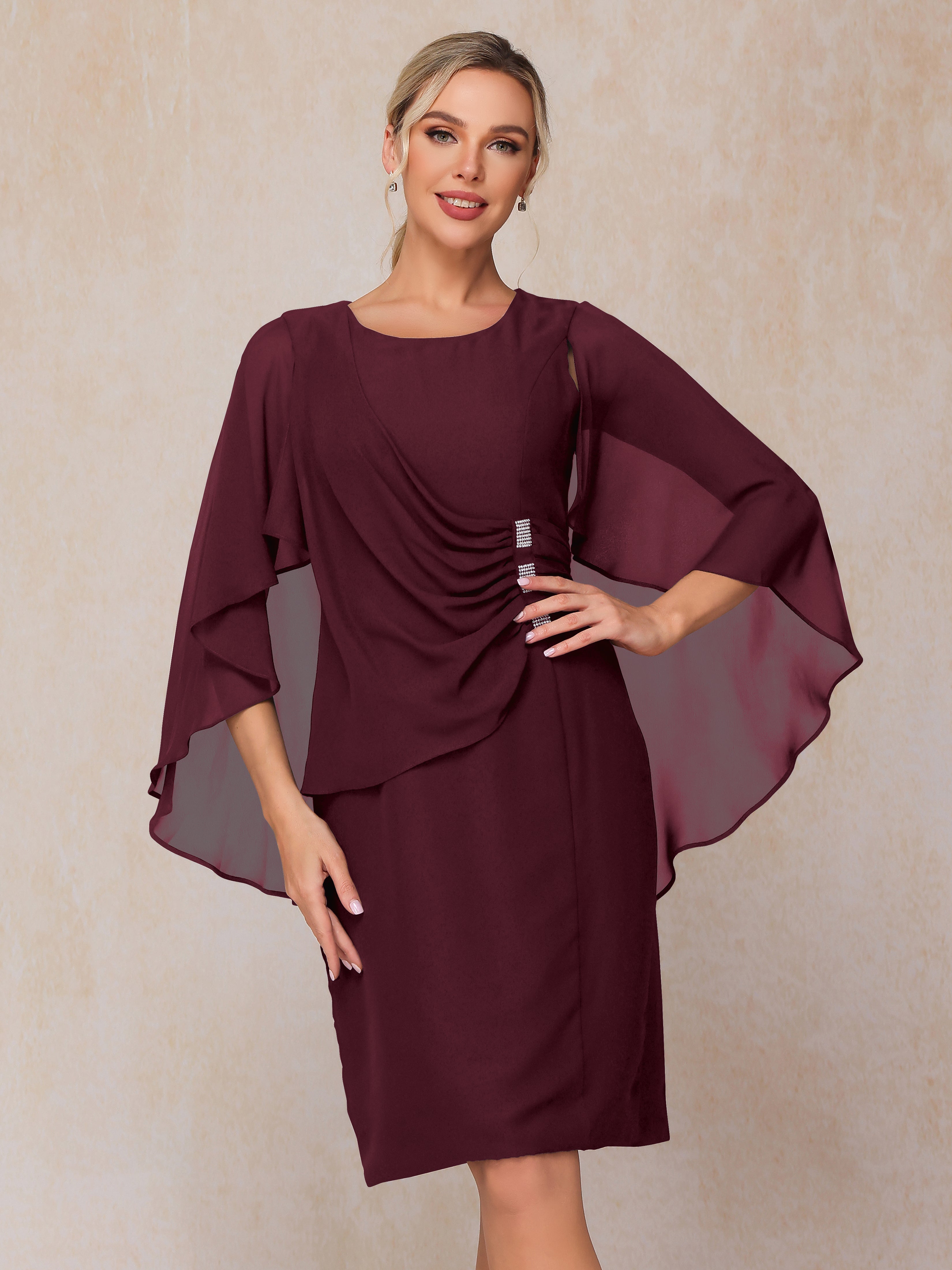 Short Sleeves Knee Length Chiffon Mother Of The Groom Dress With Beading