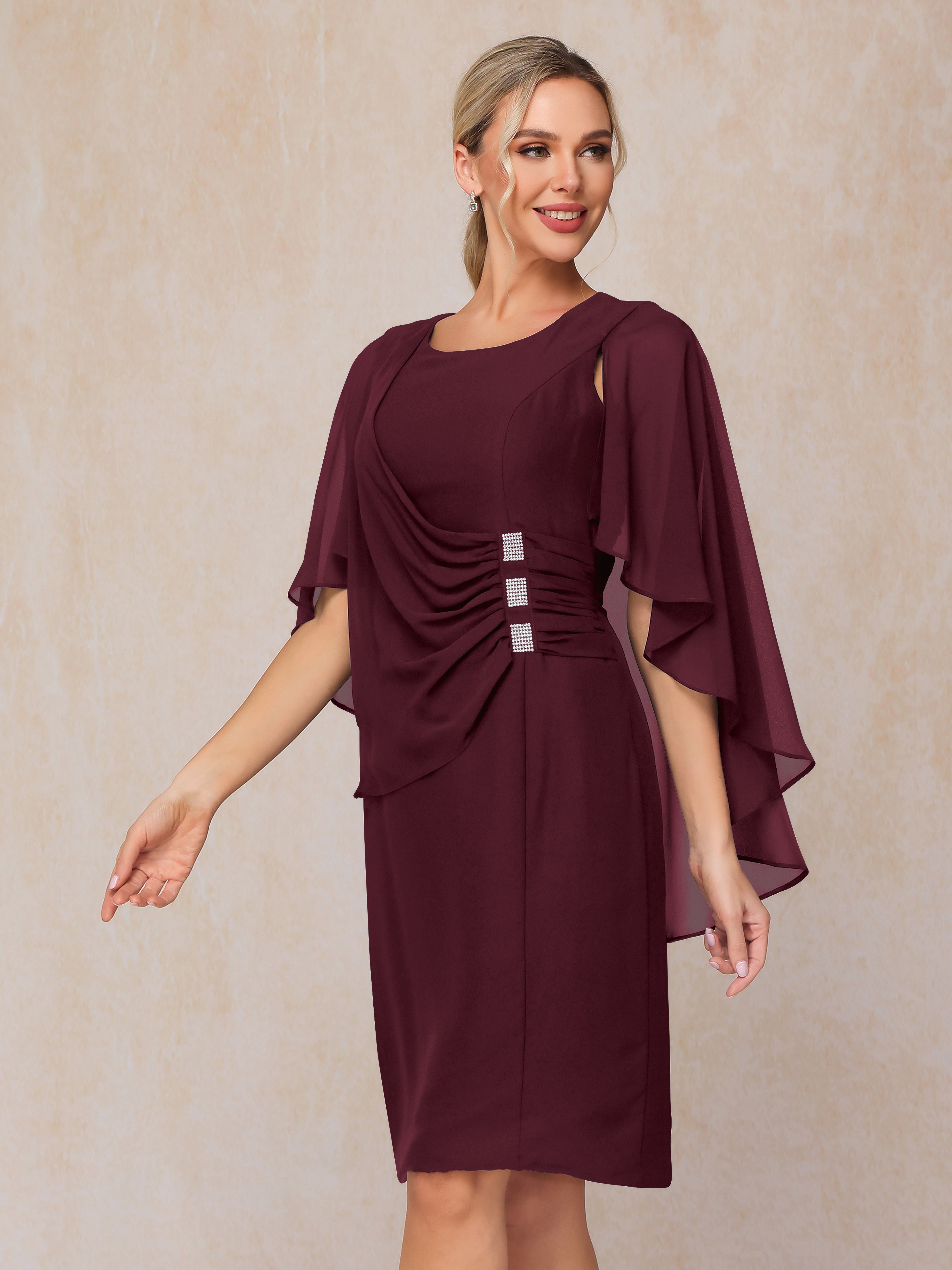 Short Sleeves Knee Length Chiffon Mother Of The Groom Dress With Beading